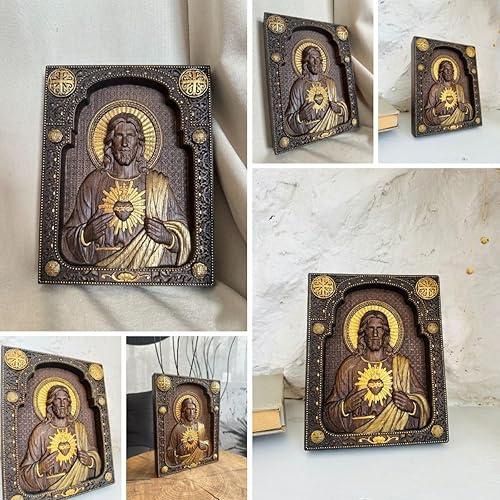 Miniatura 4 de Icono tallado en madera del Sagrado Corazón de Jesús, arte de pared cristiano y decoración de pared inspiradora, arte de Jesús hecho a mano, regalo