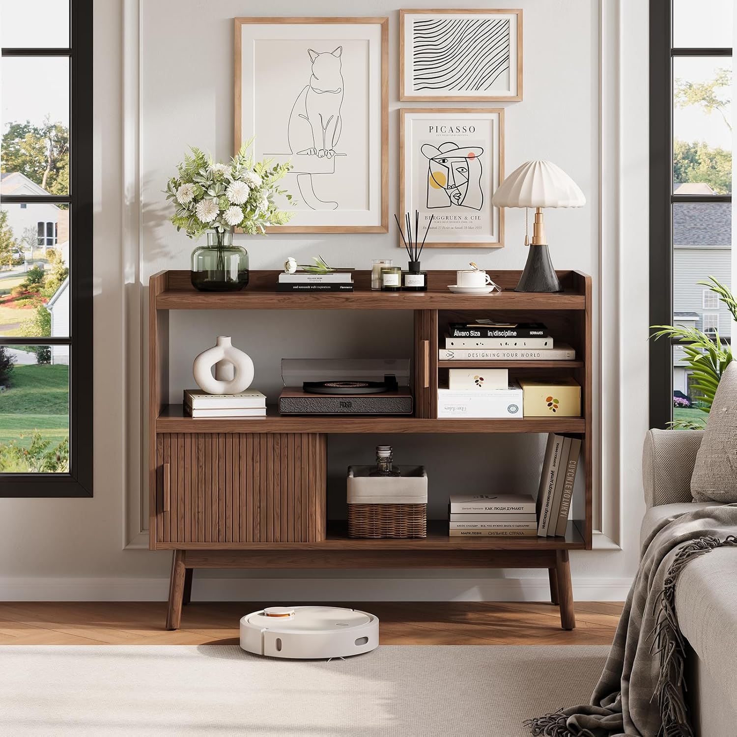Mid-Century Modern Buffet Sideboard Cabinet with Outlet, 44" Sideboard Buffet Cabinet with Sliding Door & Adjustable Shelves, Fluted Accent Coffee Bar Console Table with Wooden Feet, Walnut