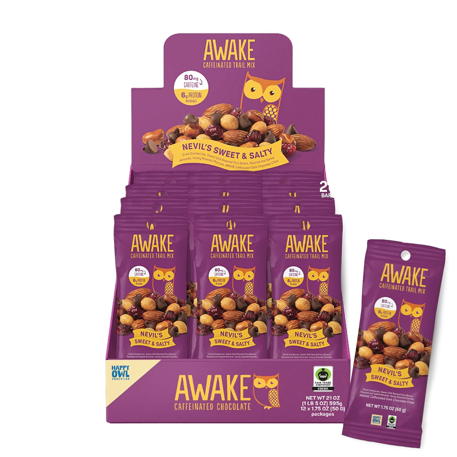 AWAKE Caffeinated Trail Mix, Nevil's Sweet & Salty, 1.75 oz Bags (Pack of 12), 80mg Caffeine Per Bag, 6g Protein Per Serving, Fair Trade Certified, Kosher Certified