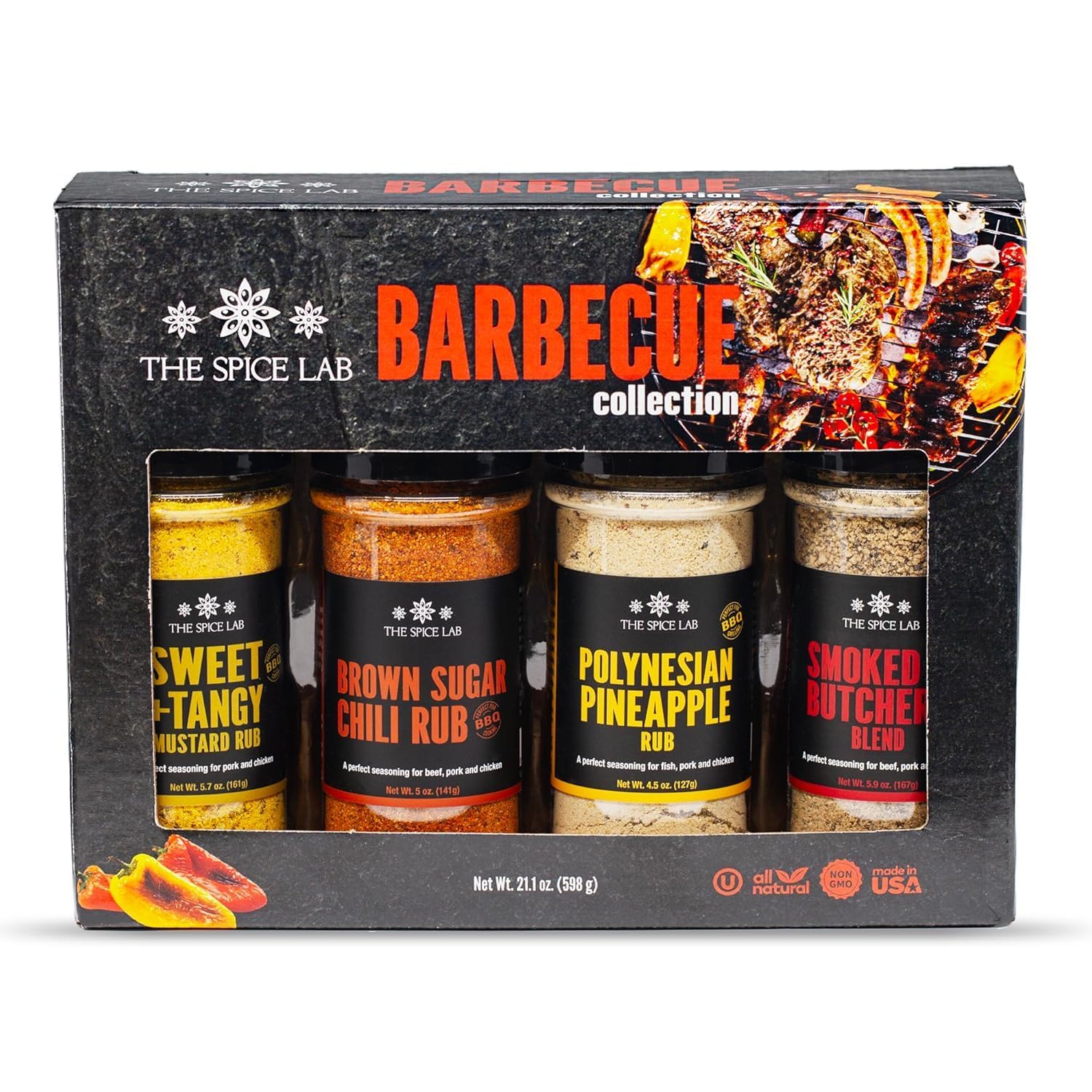 The Spice Lab Barbecue Gift Set – Gourmet Grilling Seasoning Set Collection with Polynesian Pineapple, Brown Sugar Chili, Smoked Butcher’s Blend, And Sweet & Tangy Rub – Great Bbq Gift Set