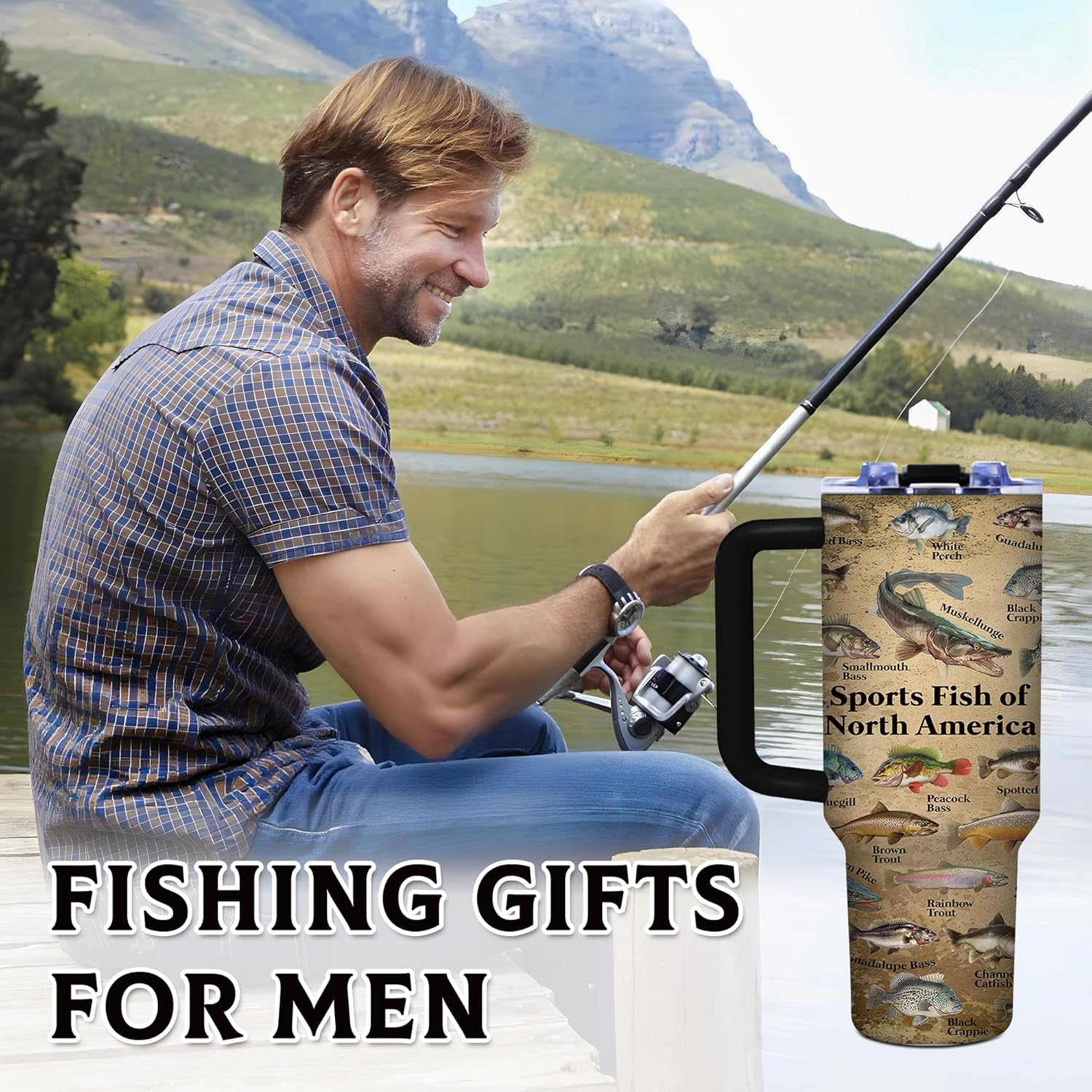 Fish Gifts for Dad, 40oz Tumbler with Handle and Straw, Fishing Gifts for Men, Birthday Gifts for Fisherman, Party Supplies, Fishing Coffee Mug, Stainless Steel Cup - Image 5