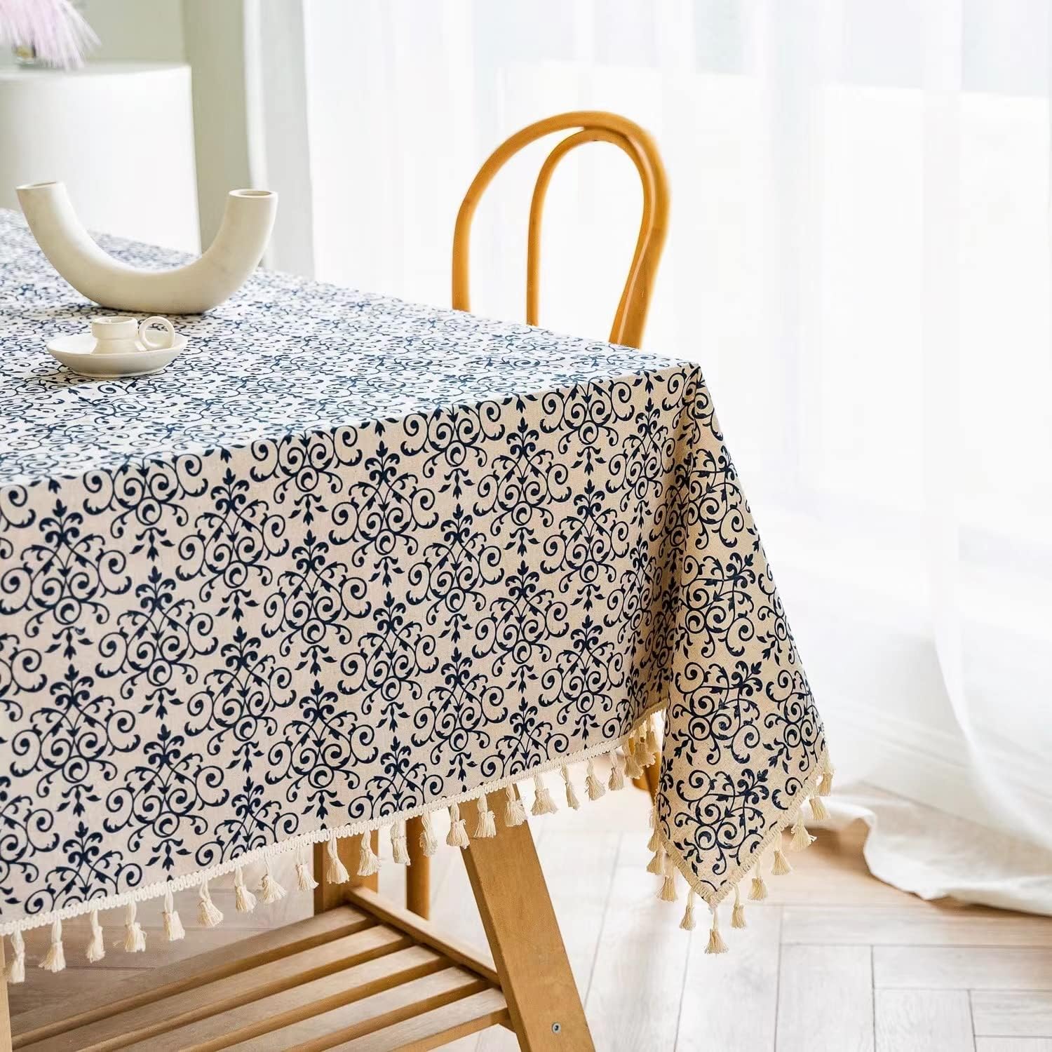 YUURAINVUVU Blue and White Porcelain Pattern Cotton Linen Fabric, Stitching Tassel Rectangle Tablecloth for Kitchen | Dining | Tabletop | Decoration | Tea Party | Weddings | Farmhouse (55x70 Inches)