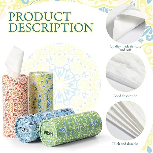 Miniatura 3 de Dandat 8 unidades de pañuelos cilíndricos para pañuelos de automóvil con 400 pañuelos faciales, mandala bohemio, caja de pañuelos para automóvil,