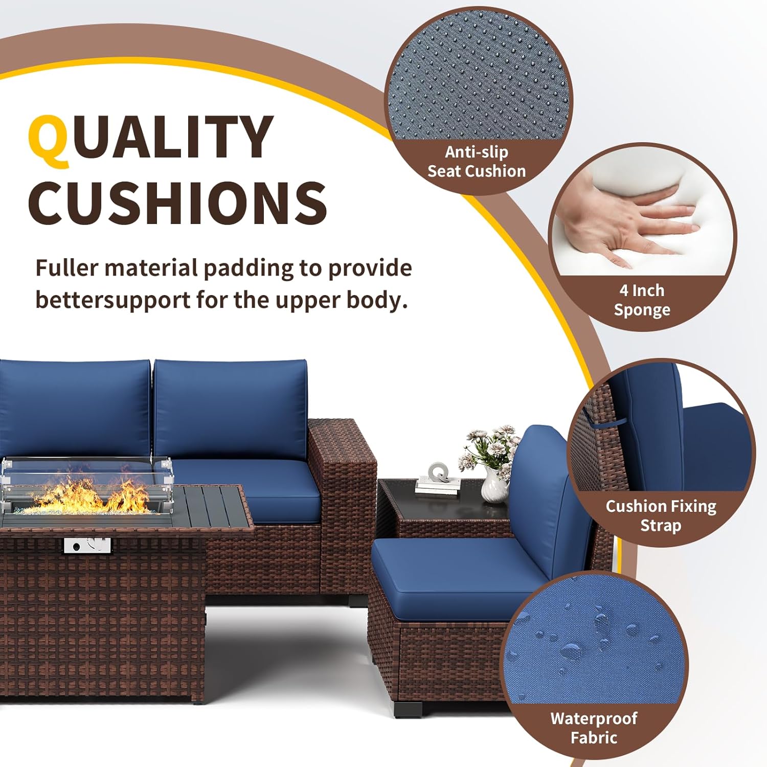 Patio Furniture with Fire Pit Table,8‘’ Wide armrest Outdoor Sectional Rattan Sofa Set, Wicker Patio Furniture Sets w/Coffee Table,Thick Cushions and Cover for Porch, Balcony,7PC(Brown&Navy)