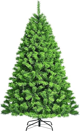 COSTWAY Árbol de Navidad artificial con bisagras flocadas verdes de 6.5 pies con soporte de metal
