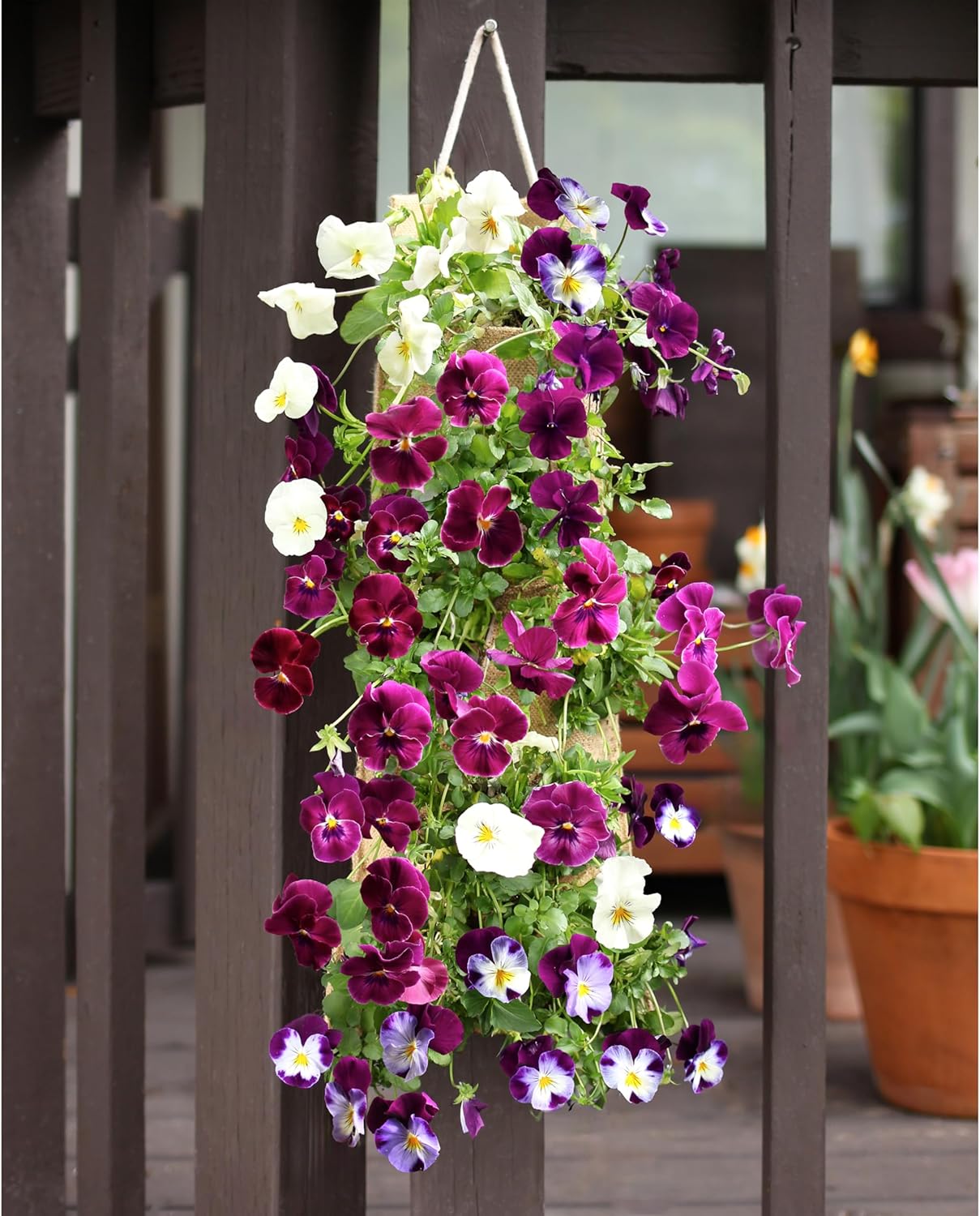 HANG & GROW Burlap Hanging Planter Bags for Outdoor Plants, Vertical Flower Hanging Bag for Easy Outside Garden Decoration, Reusable for Flowers, Strawberry, Vegetables and Herbs, (1 Bag, 6 Holes)