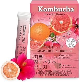 KKOKDAM Kombucha Tea - Korean Grapefruit & Hibiscus Tea: Kombucha with 15 Packs of Kombucha Beverages, Probiotic & Low Cal...