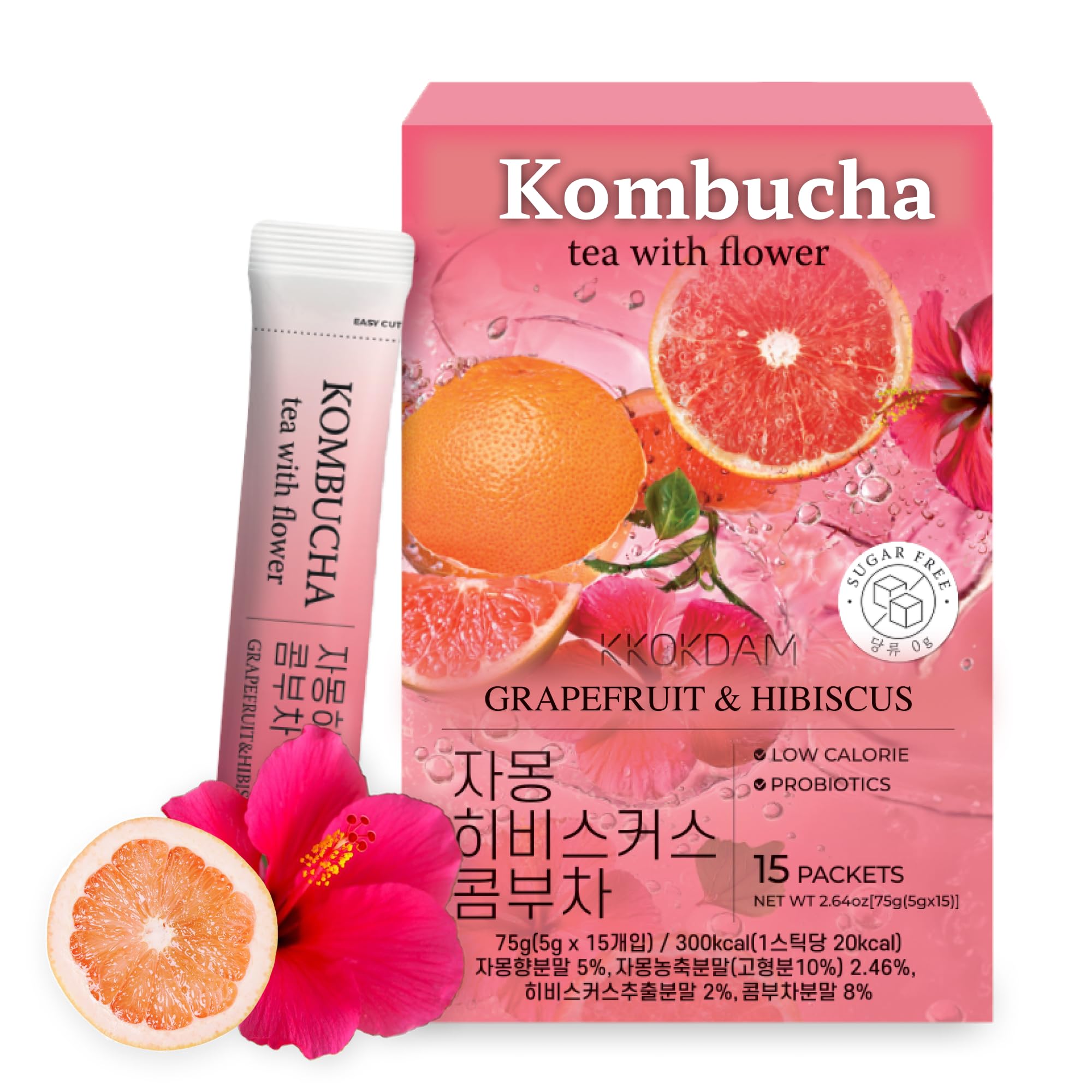 KKOKDAM Kombucha Tea - Grapefruit & Hibiscus Korean Tea - Kombucha Drinks Probiotic Support, Low Calorie, Sugar Free Kombucha Pack - 15 Packs