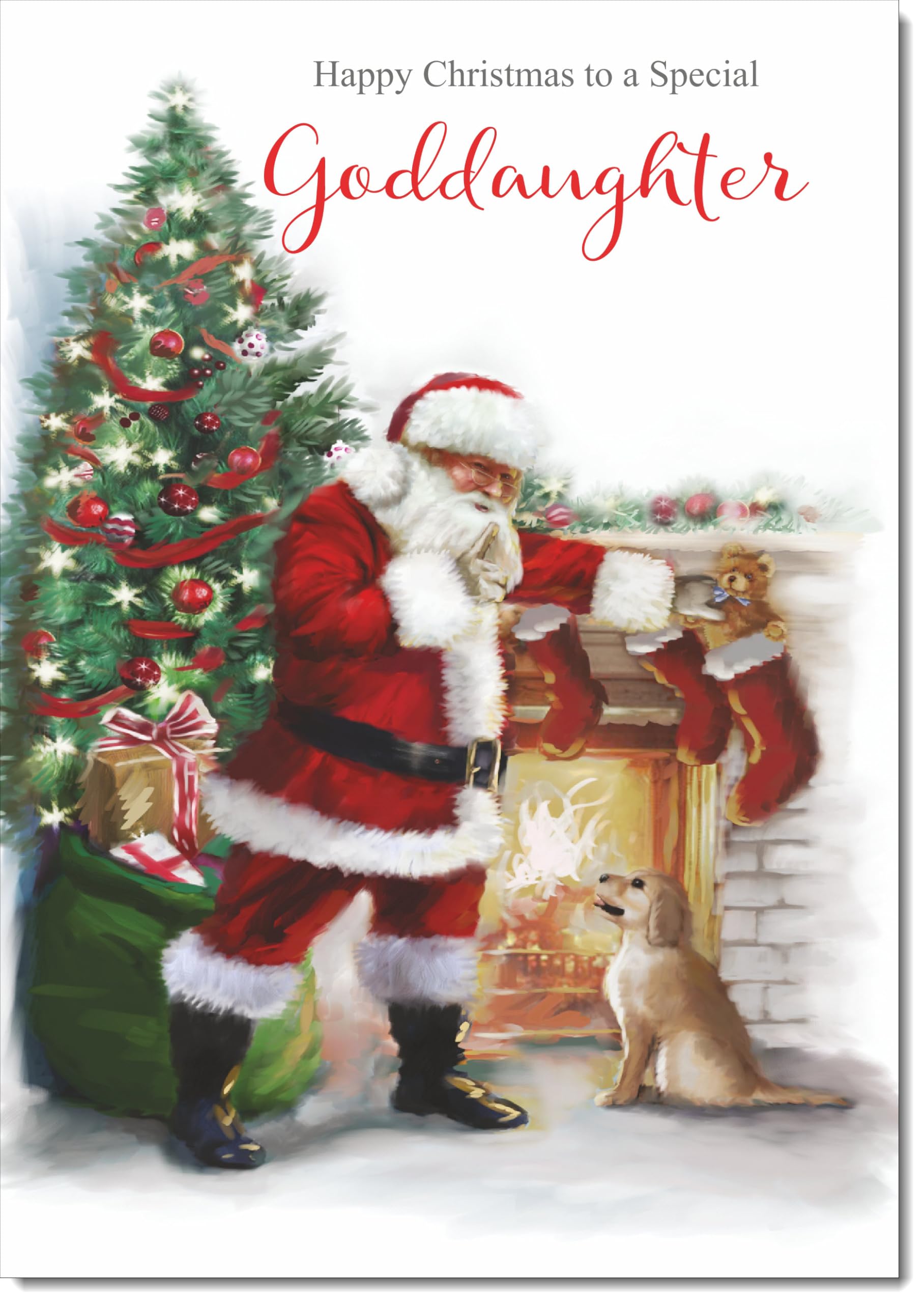 doodlecards Goddaughter Christmas Card Santa by Christmas Tree Large A4 Size Christmas Card for Goddaughter with Plain Envelope