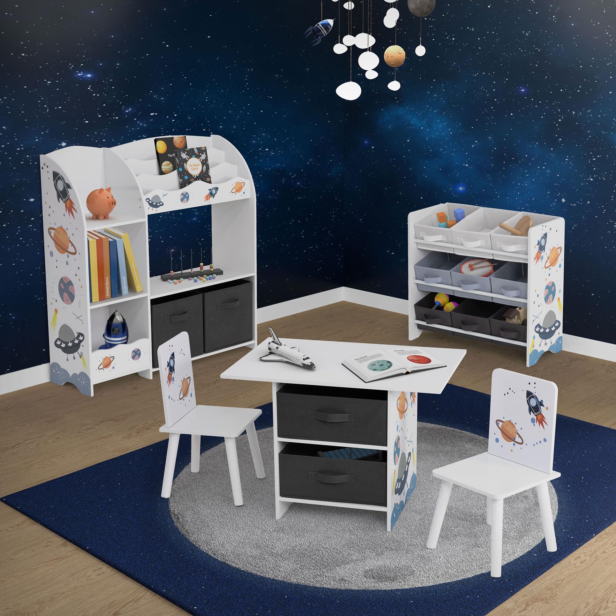 Joyz Libreria per Bambini 62,5 x 29,5 x 60 cm Scaffale con 3 Ripiani Organizzatore per Giocatoli con 9 Scatole in Tessuto Mobiletto per la Stanzina dei Bambini Design con Tematica Spaziale