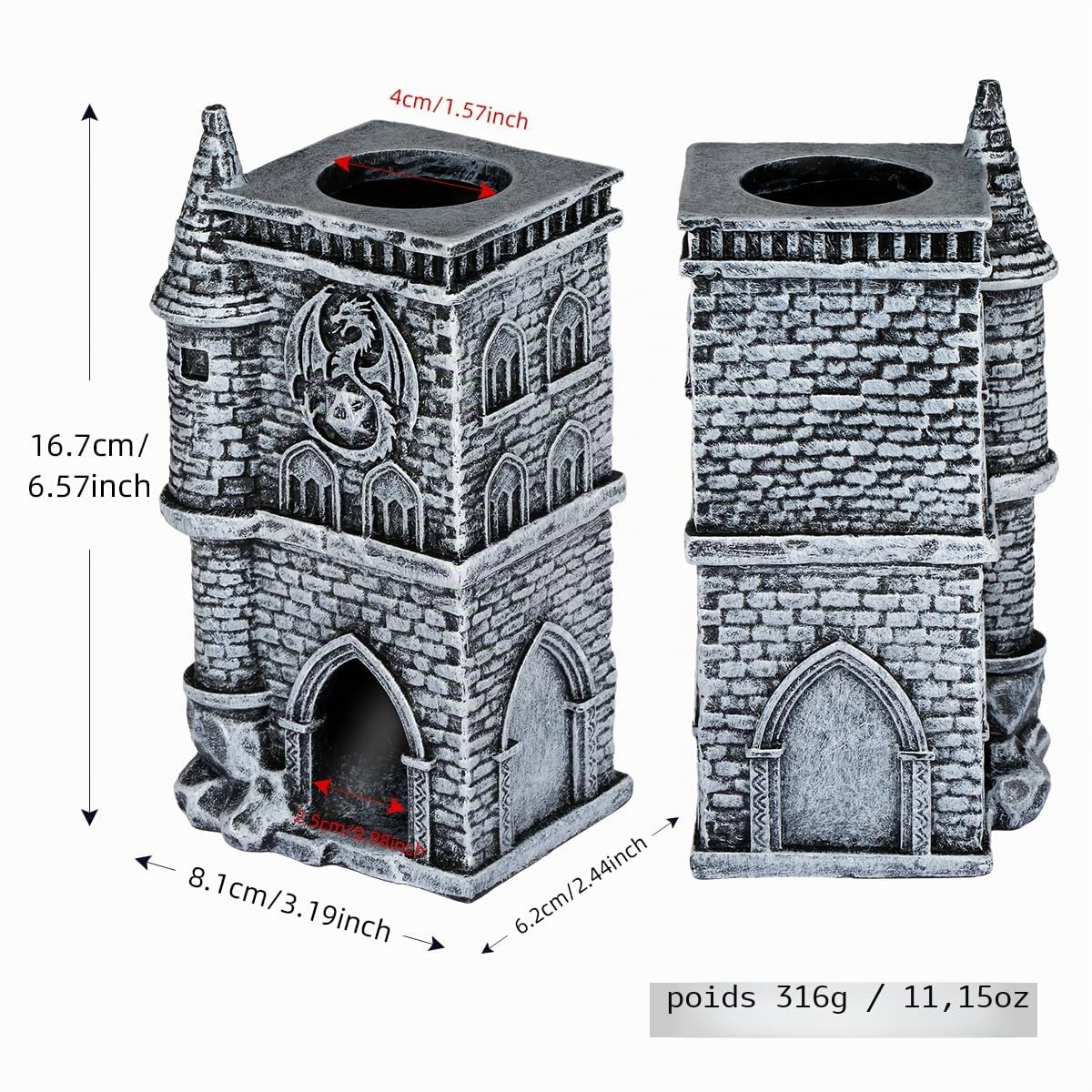 Tour de dés du château D&D, Plateaux à rouler en résine 3D, Accessoires de jeux de table fantastiques, Tour de dés Dragon portable, Parfait pour le RPG DND, Cadeaux pour les joueurs (Dés non inclus)