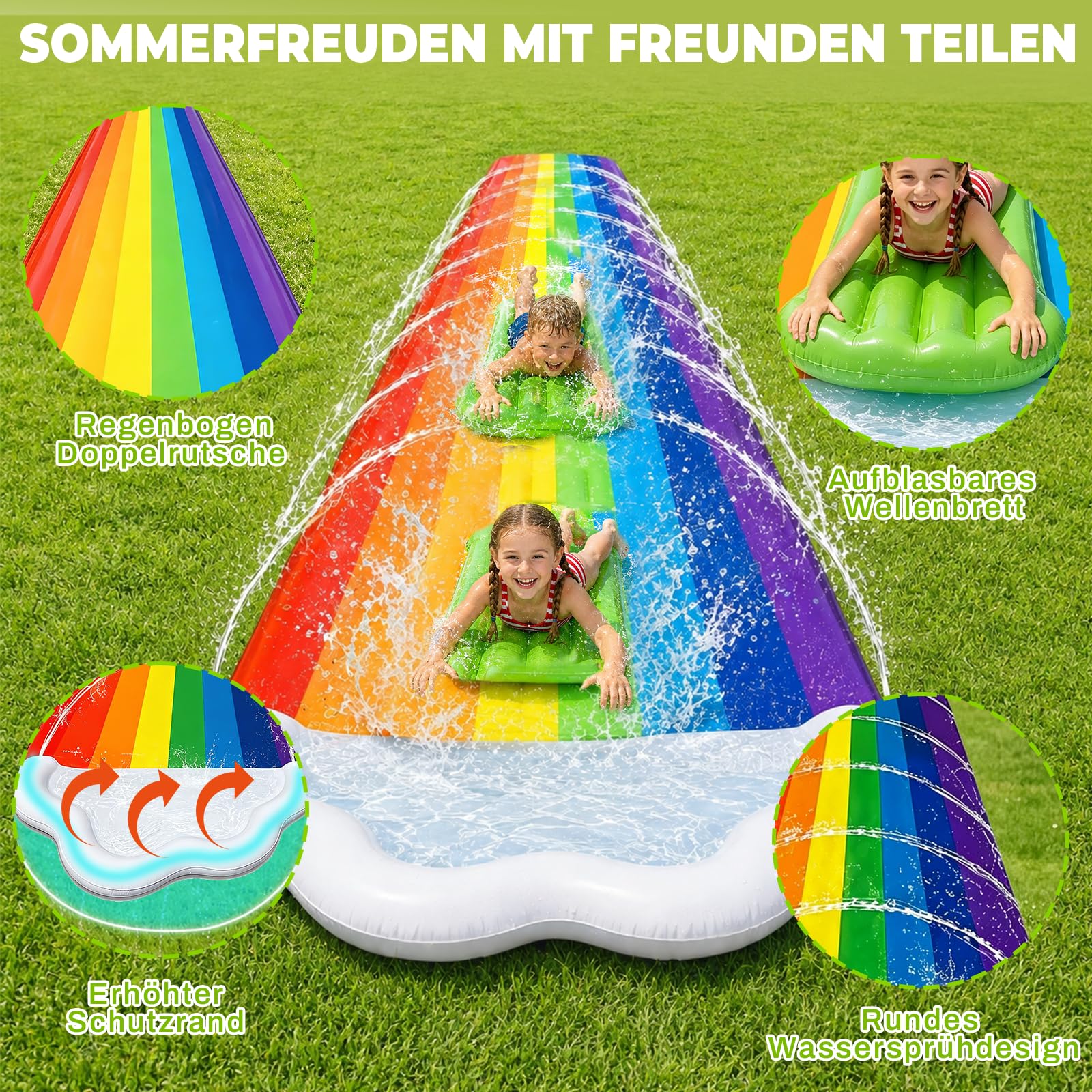 Morofme Toboggan aquatique arc-en-ciel pour enfants, 480 x 140 cm, double toboggan d'eau avec planche de bodyboard, toboggan d'eau avec pulvérisateur d'eau, pour adultes, enfants, extérieur, pour