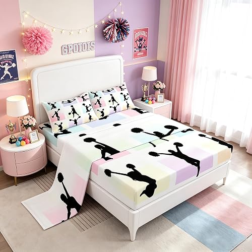 Cheerleading Bed Sheet Twin Size,Cheerleader Silhouette Bedding Set 3Pcs Kids Gi