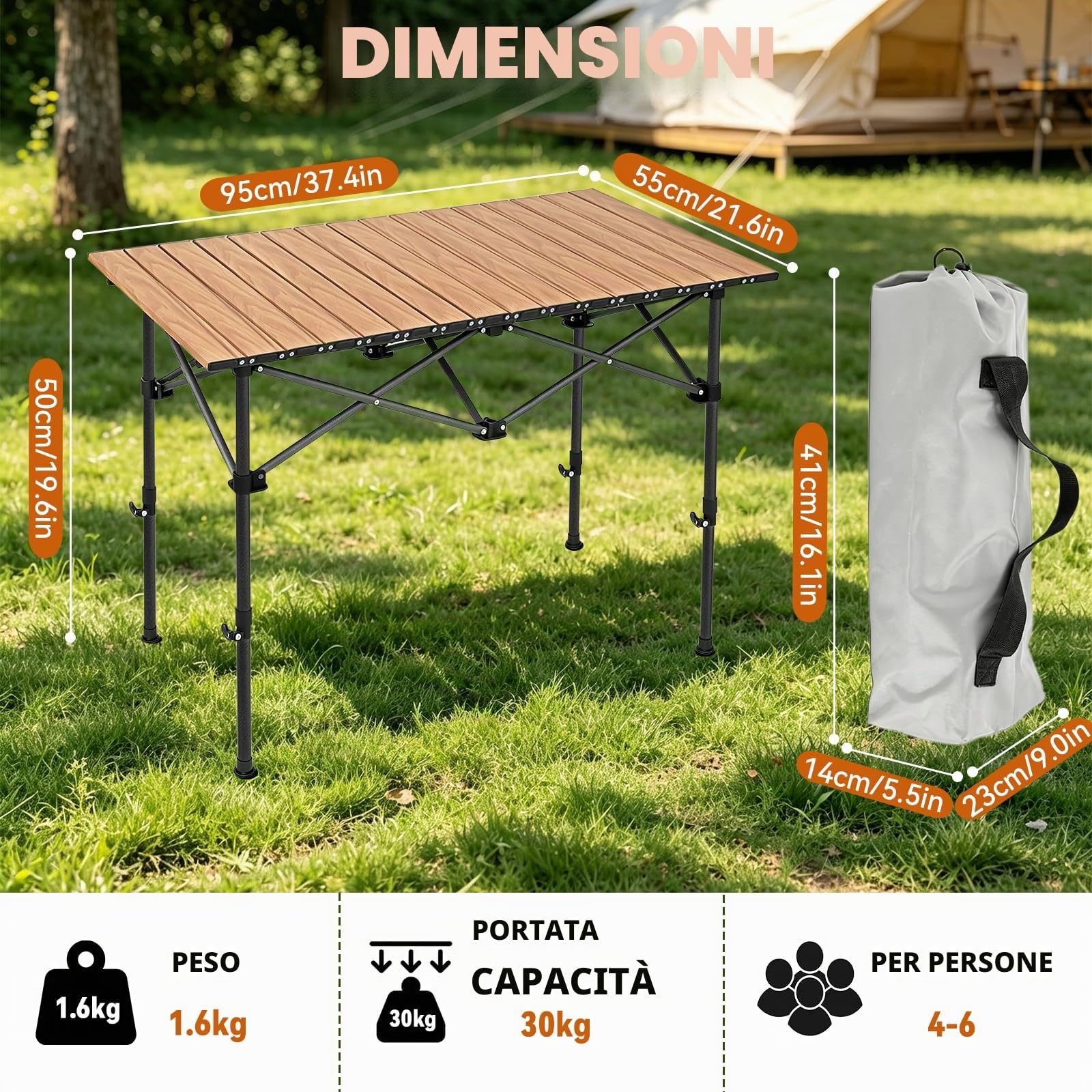 Tavolo da Campeggio Pieghevole 95 x 55 cm,Tavolino Portatile Pieghevole Altezza Regolabile 50-80 cm,Piano Arrotolabile,Peso Massimo 60 kg da Giardino Picnic Barbecue Pesca,e Outdoor