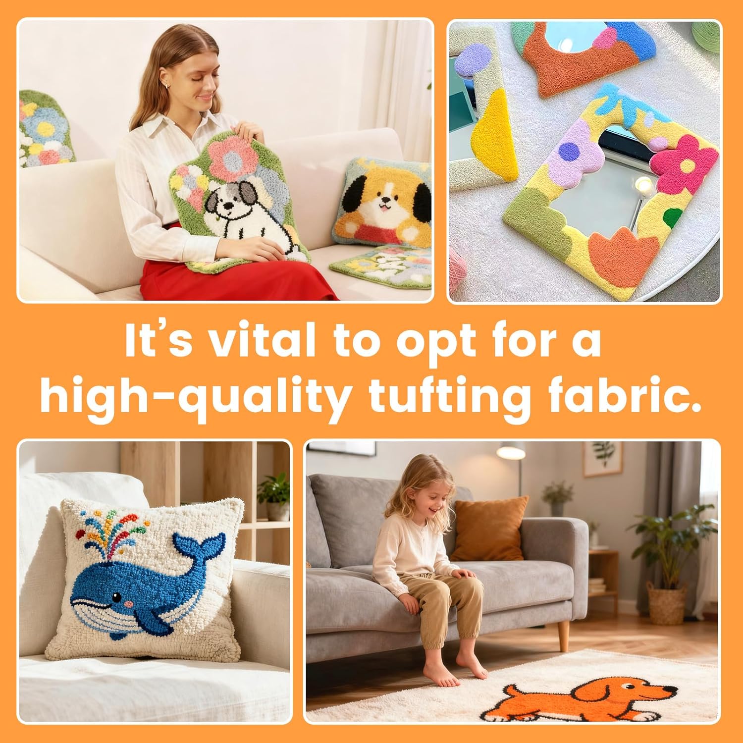 Riiai 80" x 80" Overlocking Primary Tufting Cloth with Marked Lines and 80'' x 80'' Rug Backing Non-Slip Rug Pad Fabric, Rug Tufting Cloth Kit with Monk Cloth and Backing Fabric,Tufting Supplies