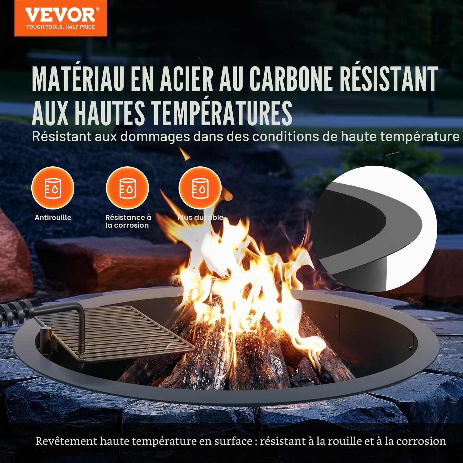 VEVOR Anneau de foyer avec gril de barbecue, diamètre extérieur 1016 mm diamètre intérieur 914,4 mm hauteur 215,9 mm, doublure en acier au carbone, anneau de feu de camp au-dessus ou sol, pour camping