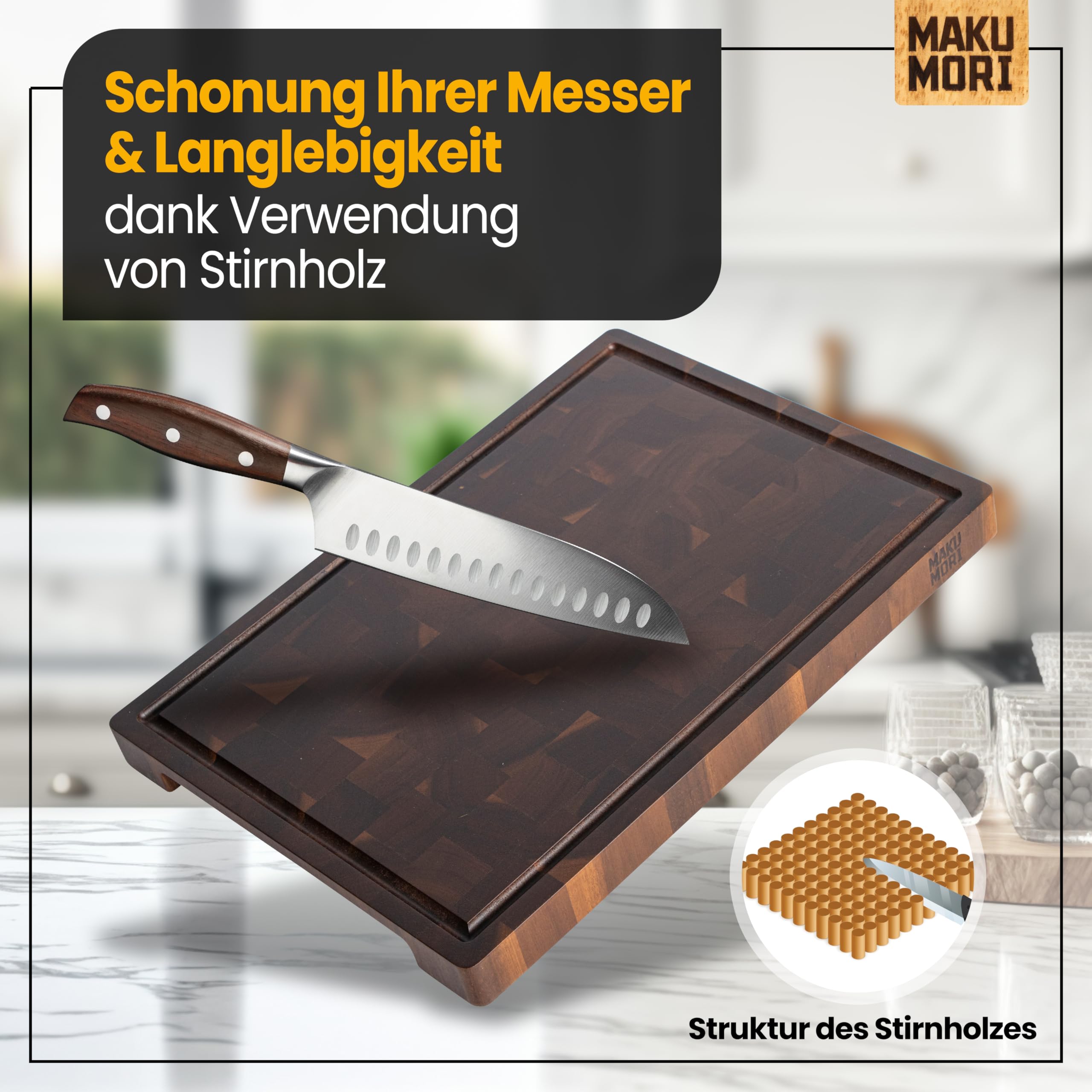 Premium Stirnholz Schneidebrett Massivholz 40x29x3cm Akazie Dunkel | Küchenbrett aus Akazienholz karbonisiert; FSC®; End Grain; tiefe Saftrinne; extra große Griffmulden; rutschfeste Gummifüße