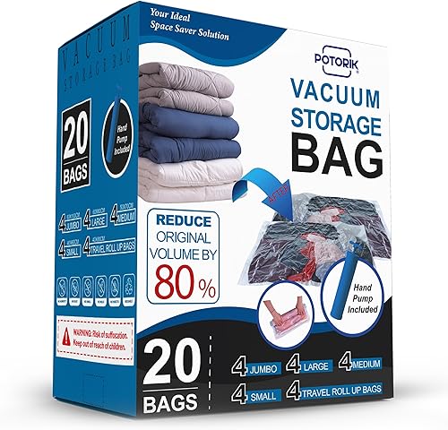 Bolsas de almacenamiento al vacío, paquete de 20 (4 jumbos4 grandes4 medianos4 pequeños4 rollos) - Bolsas de compresión ahorradoras de espacio para