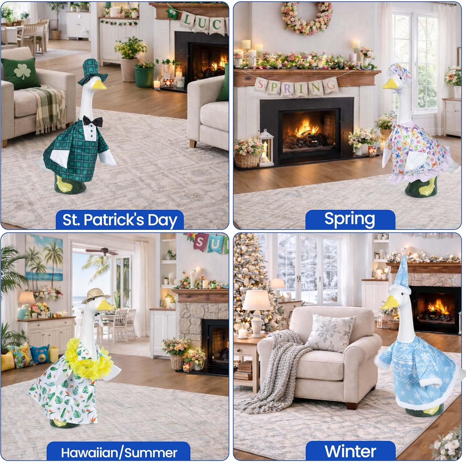 12 Set Holiday Porch Goose Outfits All Seasons Holiday Bundle St. Patrick Easter Summer Hawaiian 4th of July Fall Lawn Goose Clothing Porch Clothes for 23" Statue Patio Yard Garden Lawn Outdoor Decors