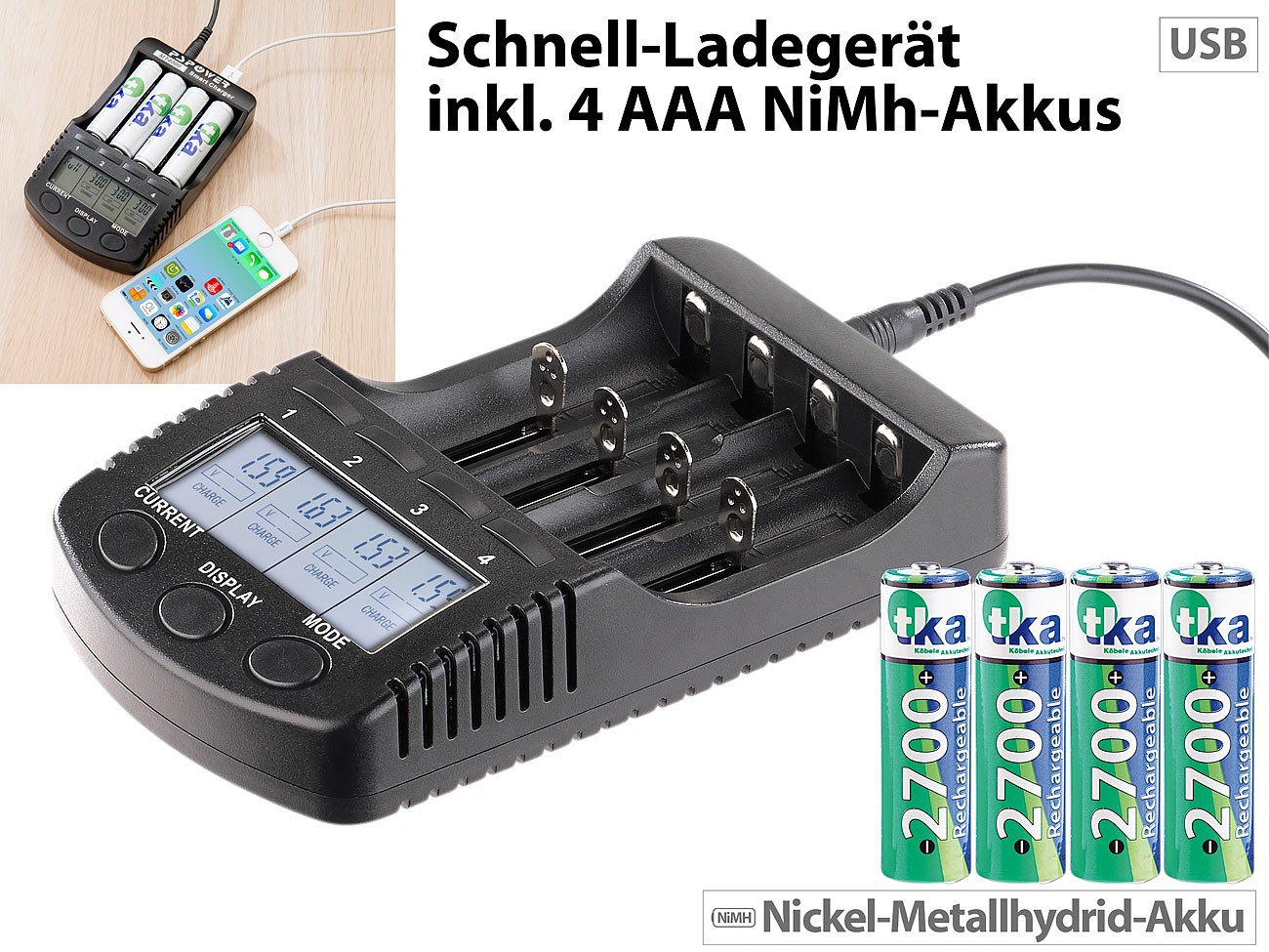 Chargeur rapide haute performance avec écran et 4 accus NiMH type AA [tka Köbele Akkutechnik]