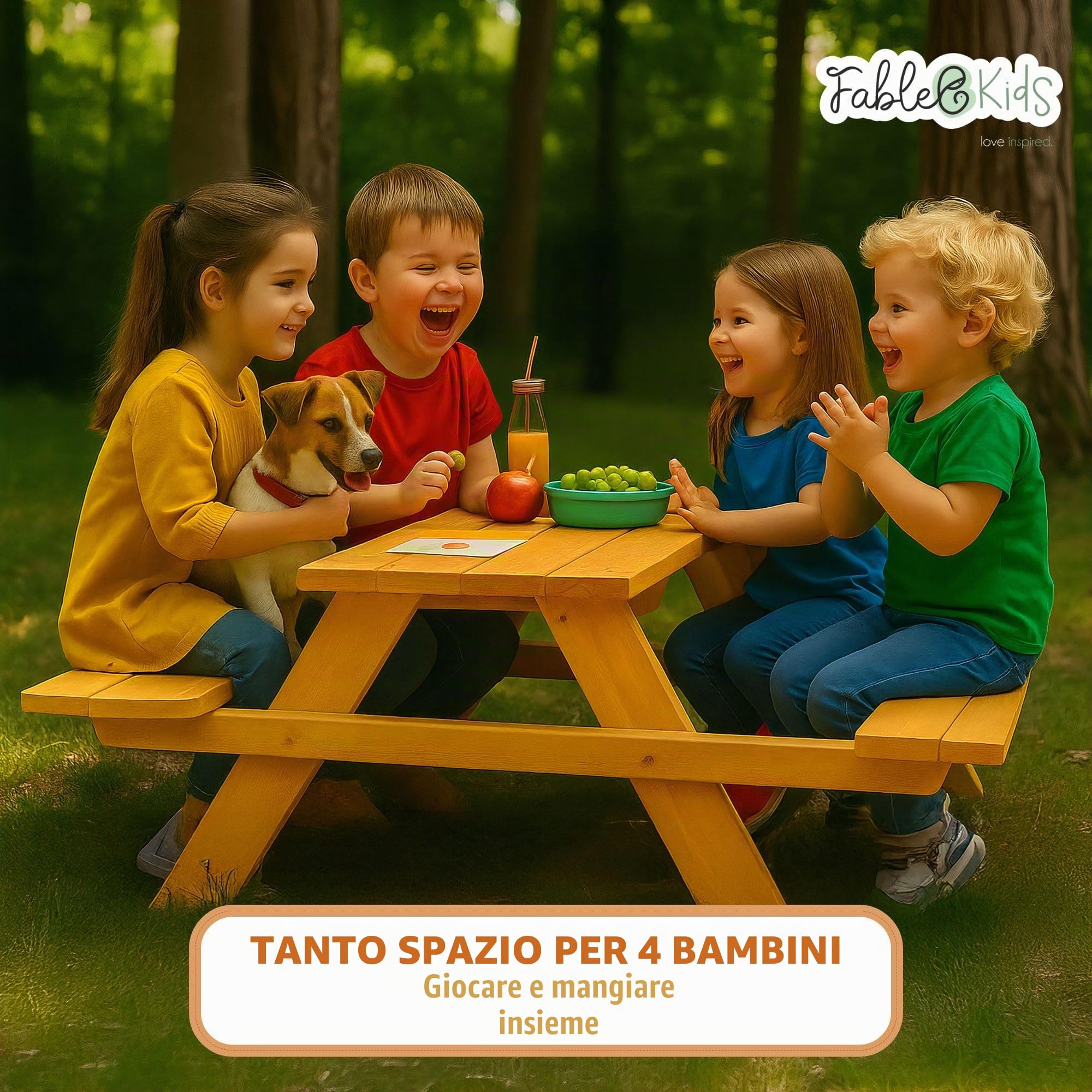 FableKids ARNE Set Tavolo da Picnic per 4 Bambini | Tavolo con panche in legno massello | Mobili da giardino 2–7 anni | Naturale, sicuro e durevole | 89×79×50 cm