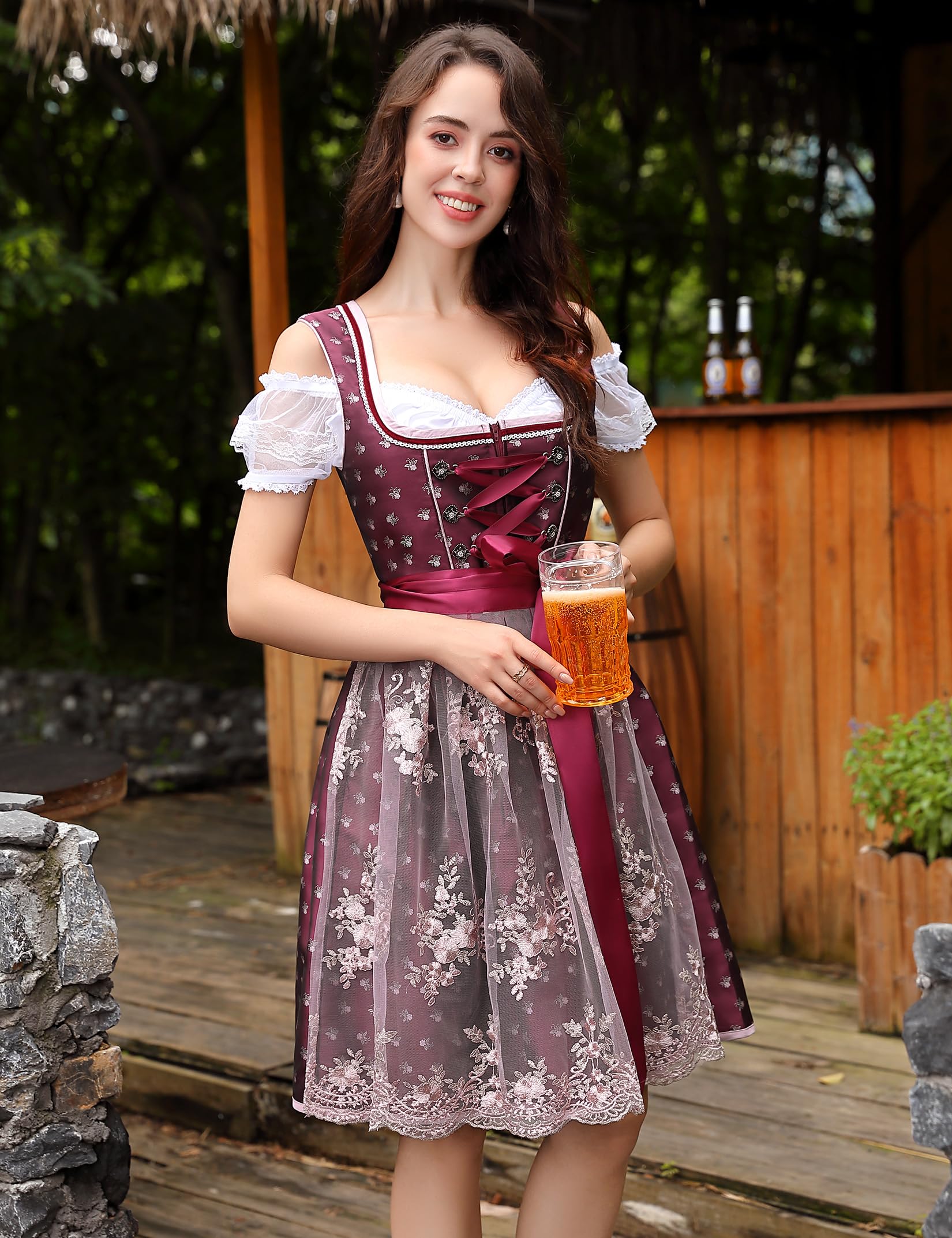 YesFashion Dirndl Damen Midi 3 Teilig Dirndl-komplettsets Oktoberfest Damen Outfit Dirndlkleid Dirndlbluse Dirndlschürze Trachtenmode