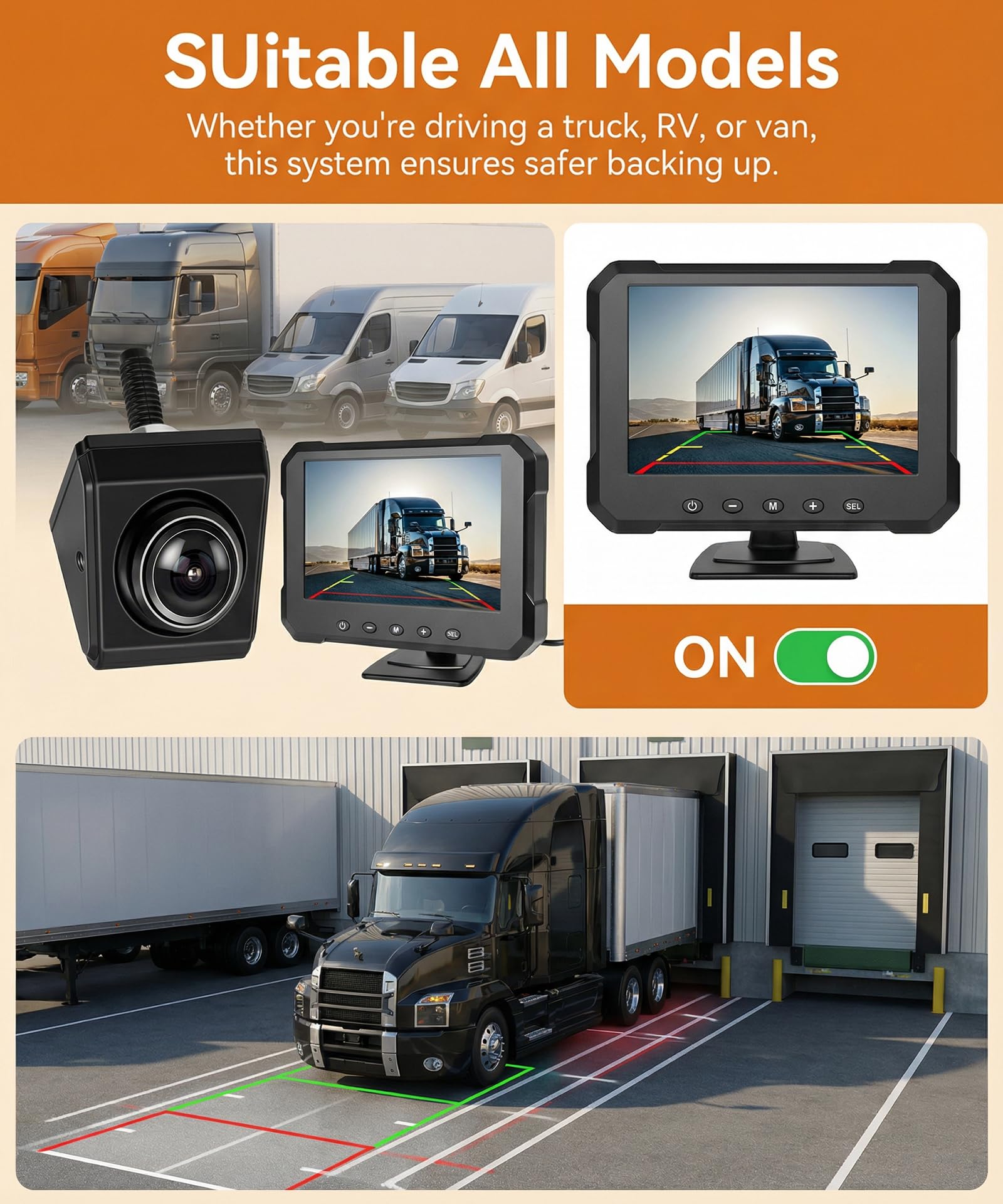 VECHTEL Monitor per auto HD 5'' con Telecamera Orientabile, Kit Telecamera Posteriore con Impermeabile IP68 Visione Notturna Supergrandangolo Linea di Retromarcia, Cavo da 8M, 12-24V per Berline SUV