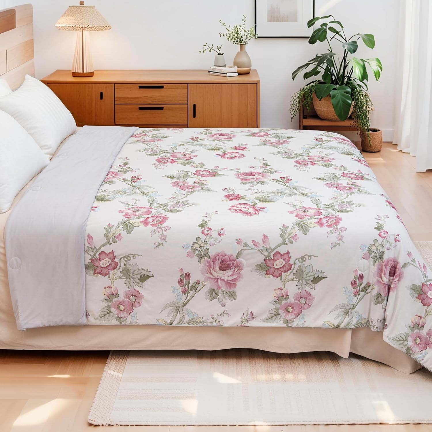 MAGRACE Cooling Comforter for Hot Sleepers, Pink Rose Print Cooling Blankets Queen Size 90"x90",Double-Sided Cool Technology, Q-Max>0.43,Lightweight Breathable, Cold Blanket for Bed