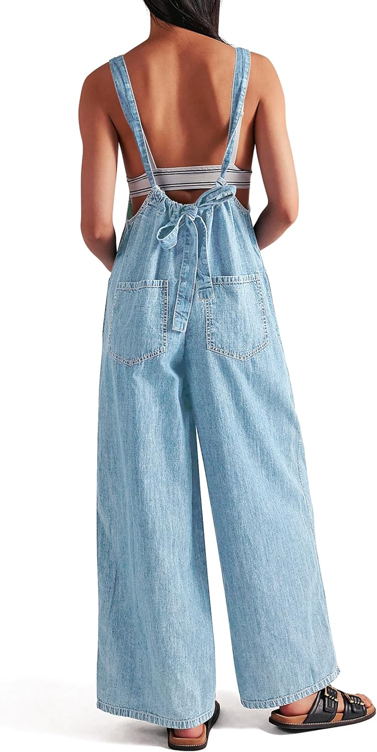 Denim Overalls for Women Jean Jumpsuit Wide Leg Adjustable Tie-Back Straps Loose Fit Baggy Jumpers Rompers - Image 2