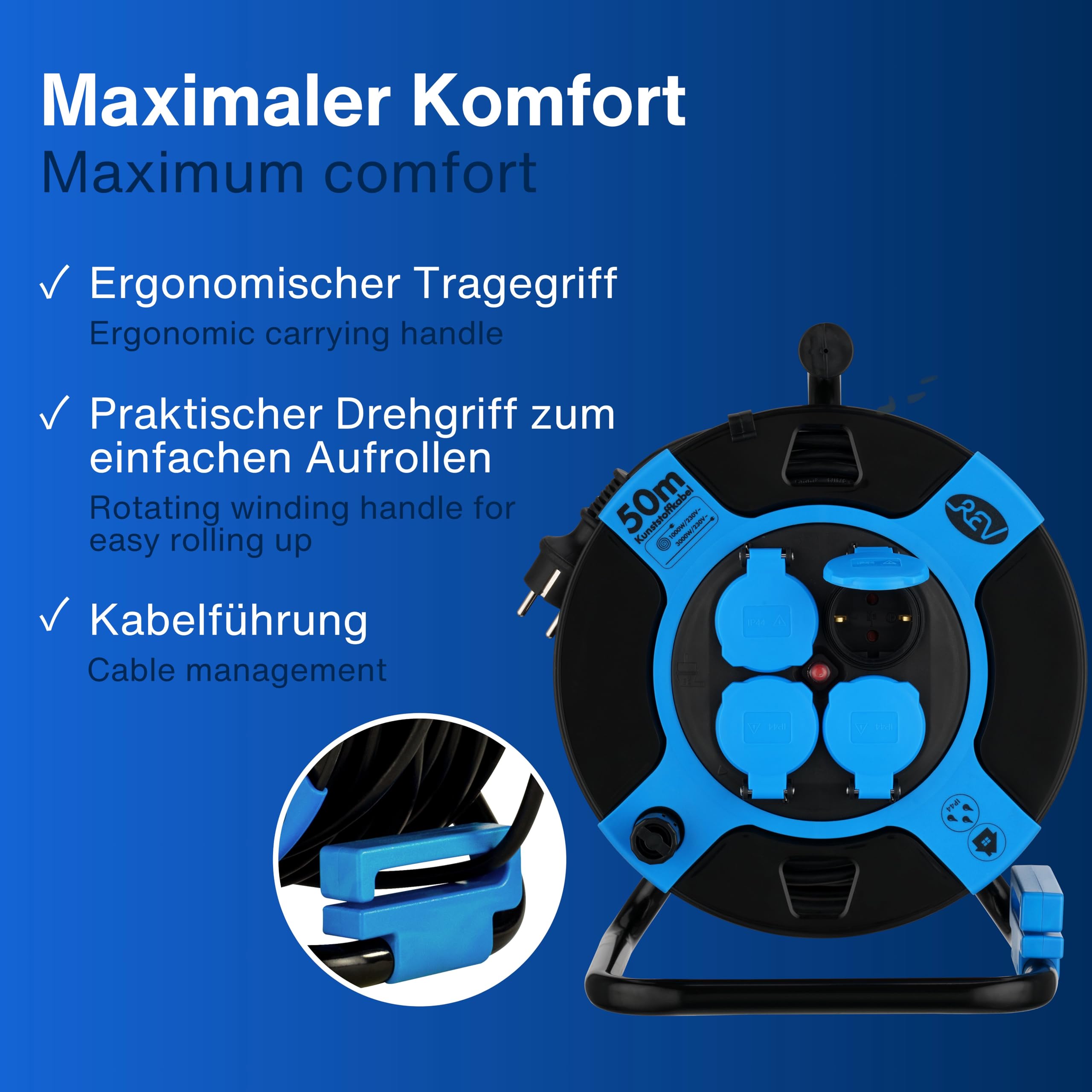 REV Kabeltrommel 50m Outdoor IP44 4 Schutzkontaktsteckdosen blau