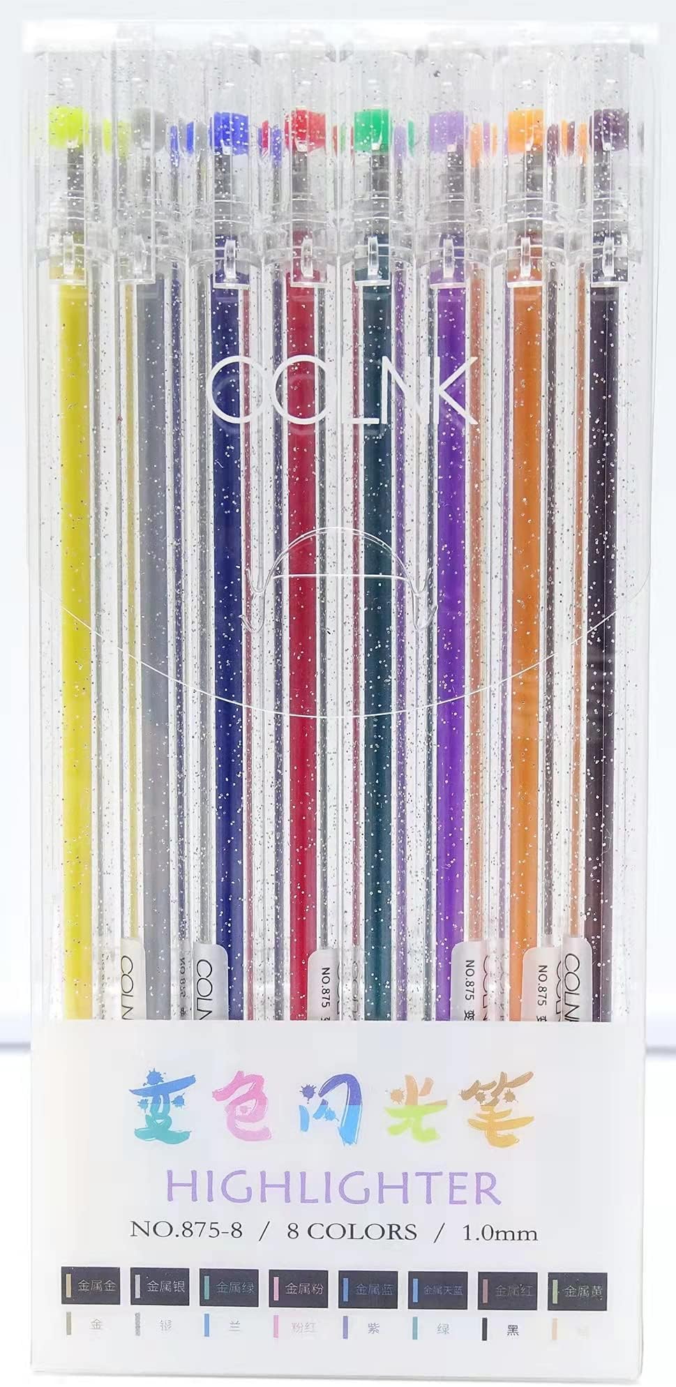 COLNK Glitter Gel Pens with 8-color Sparkling Ink,Metallic Pens 1.0mm Bold Line, Glitter Gift Pen for Journaling，Pack of 8