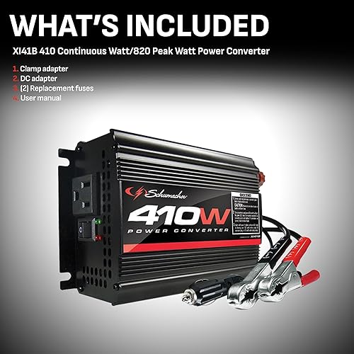 Miniatura 3 de Schumacher XI41B 'X-Line' convertidor de potencia de 410 vatios, con pinzas para la batería, y enchufe adaptador macho de 12 voltios.