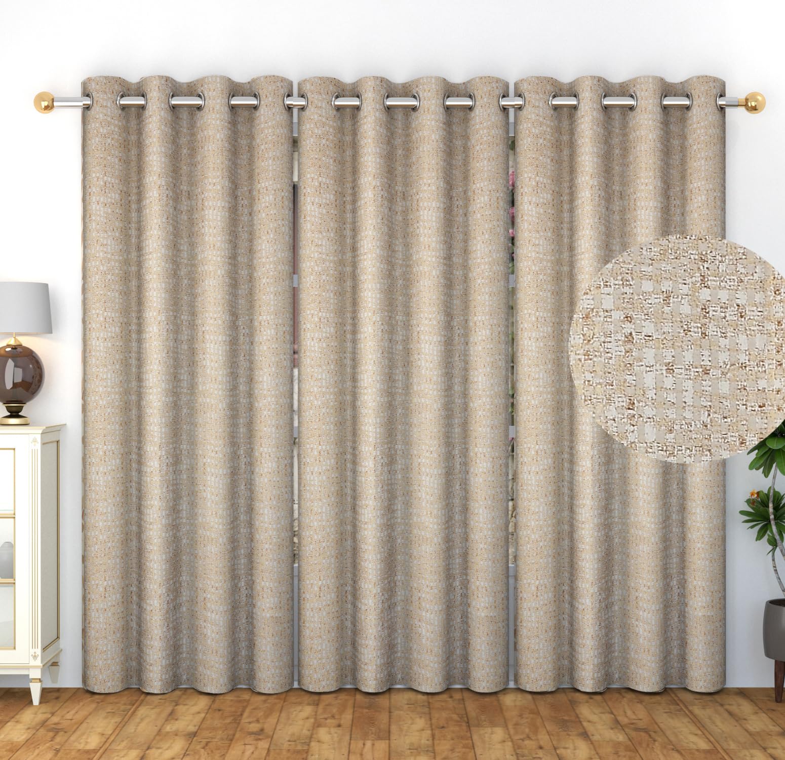 Jacquard Fabric Room Darkening Curtains for Long Door Drawing Room Parde, 4x9 feet Curtain Set of 3,Golden-image-44
