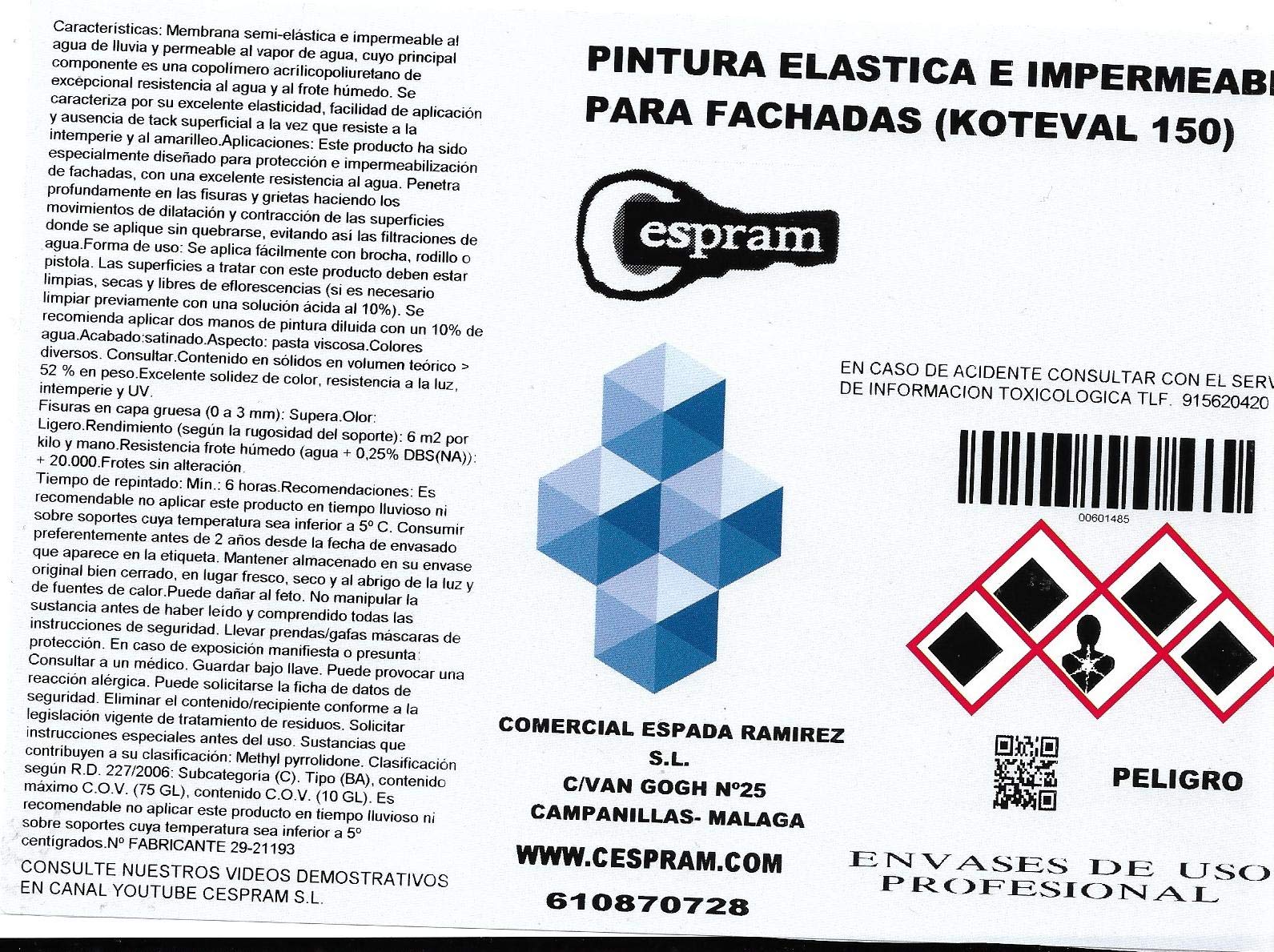 Pintura elástica e impermeable para fachadas. Koteval 150 Fachadas. Envase de 5 kg/10 kg/30 kg (30)