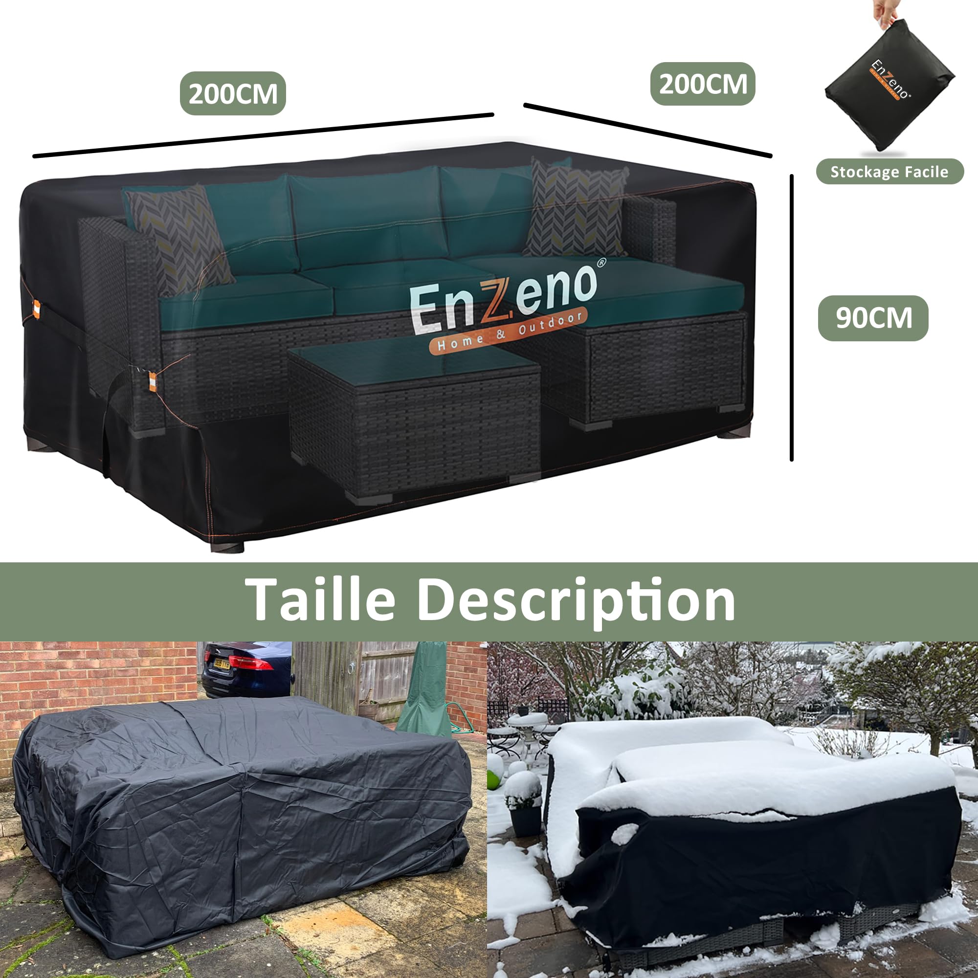 Housse De Protection Pour Meubles De Jardin Enzeno - 200 X 180 X 90 Cm - Imperméable, Polyester Oxford 420D, Anti-UV - Pour Table Et Chaises - 3