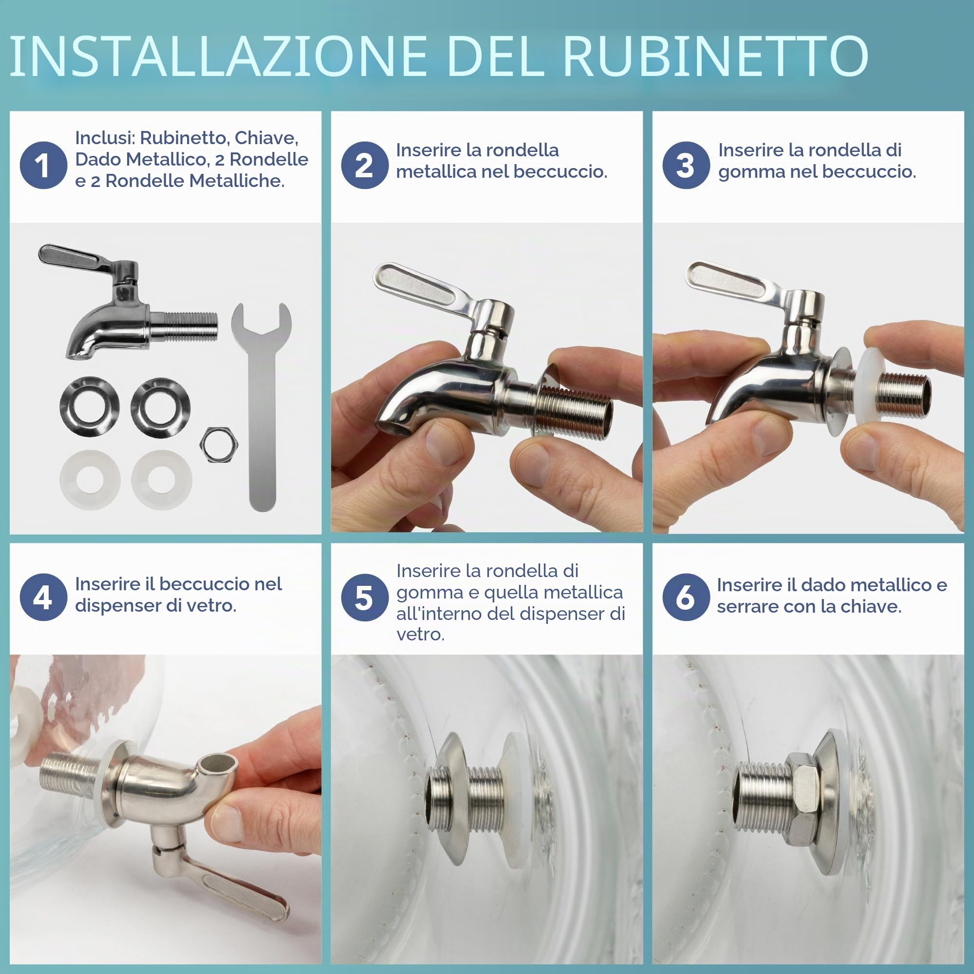 HEFTMAN Distributore bevande vetro 3,7 litri rubinetto acciaio inox a prova di perdite cilindro ghiaccio