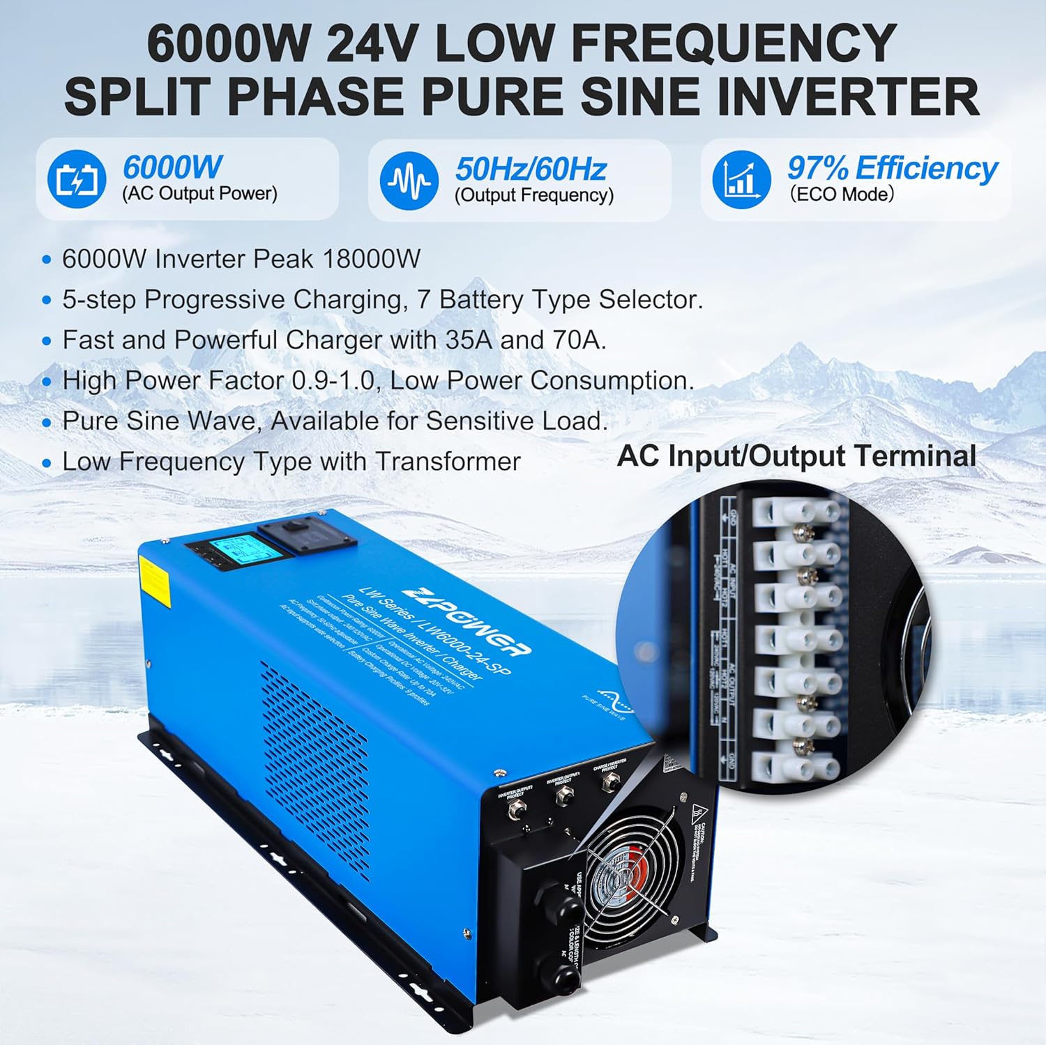 ZLPOWER 6000W 24V Pure Sine Wave Inverter, 18000W Surge, 240V AC Input, Split Phase 120V/240V AC Output, Off-Grid Low Frequency Inverter with LCD Display & Battery Charger for Home, RV