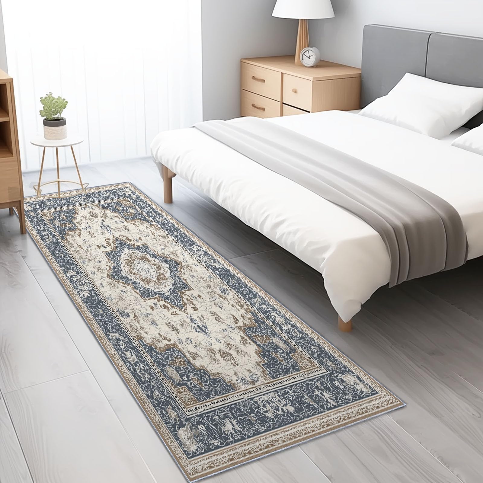 Tapis de couloir doux bleu et beige pour créer une ambiance cosy