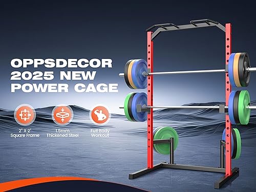 Miniatura 7 de OPPSDECOR Estante para sentadillas, jaula de potencia multifunción con banco de peso ajustable, estante para sentadillas con barra de dominadas,