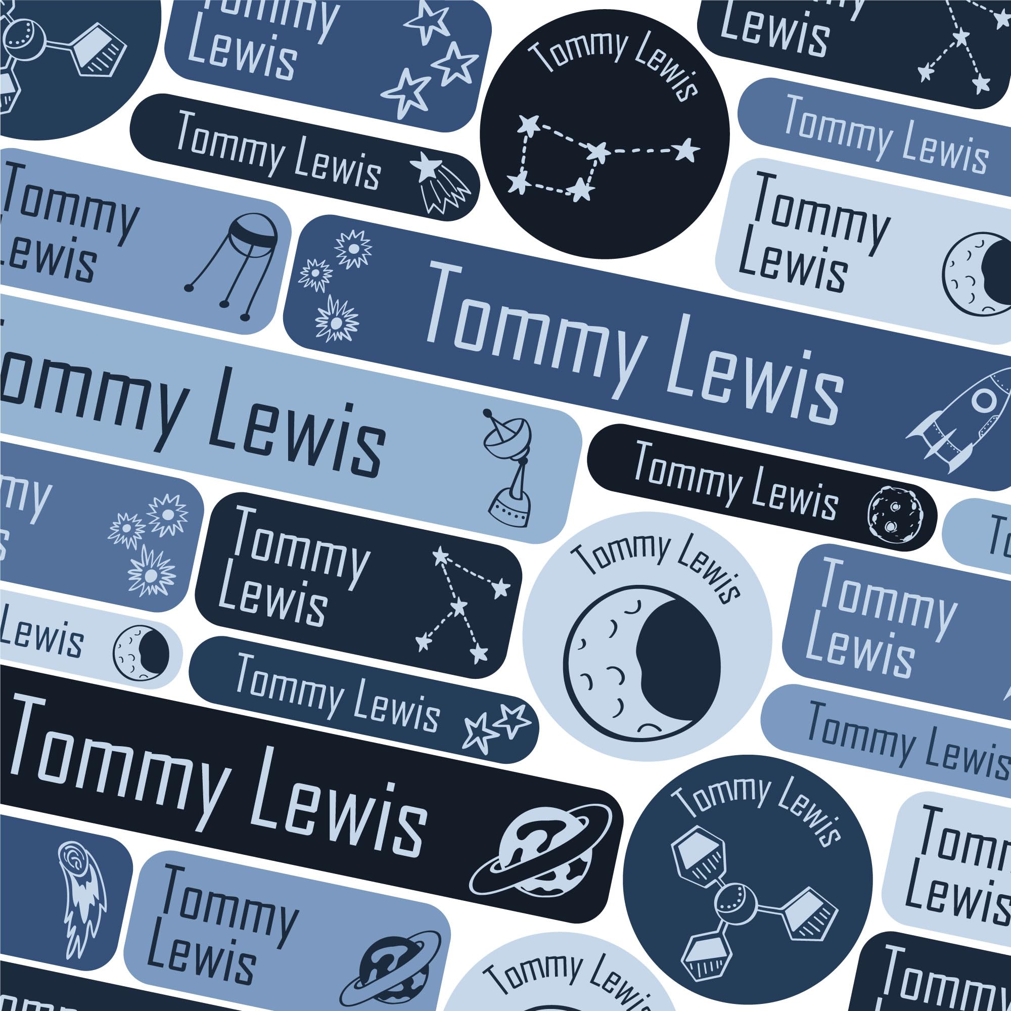 123 School Name Labels for Children No Iron Name Tags for Clothes Name Stickers for Water Bottles, Uniform, Secondary School, College, Care Homes, Washable and Dishwasher Safe (Space Doodles)
