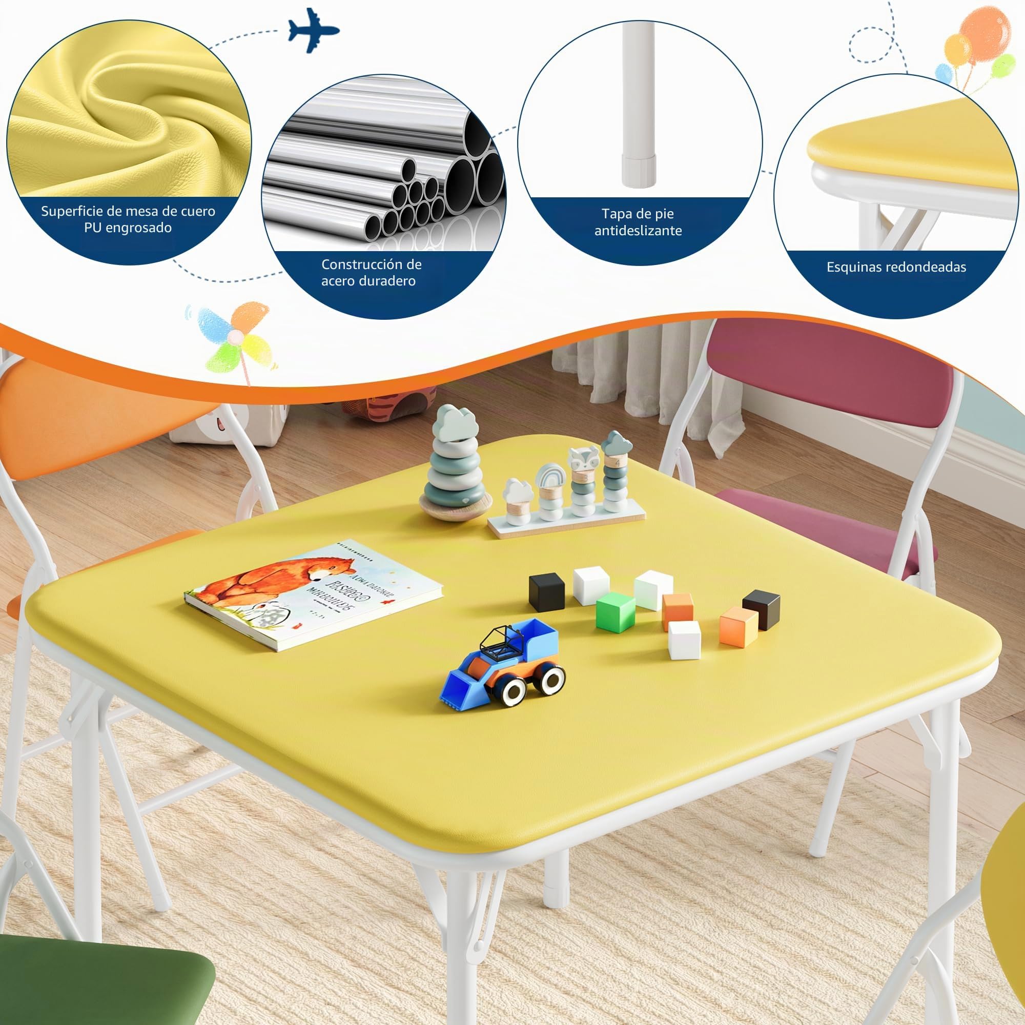Mesa infantil plegable con 4 sillas, conjunto de mesa y silla infantil para jardín de niños, mesa de actividades para comedor, guardería, aula, colorido