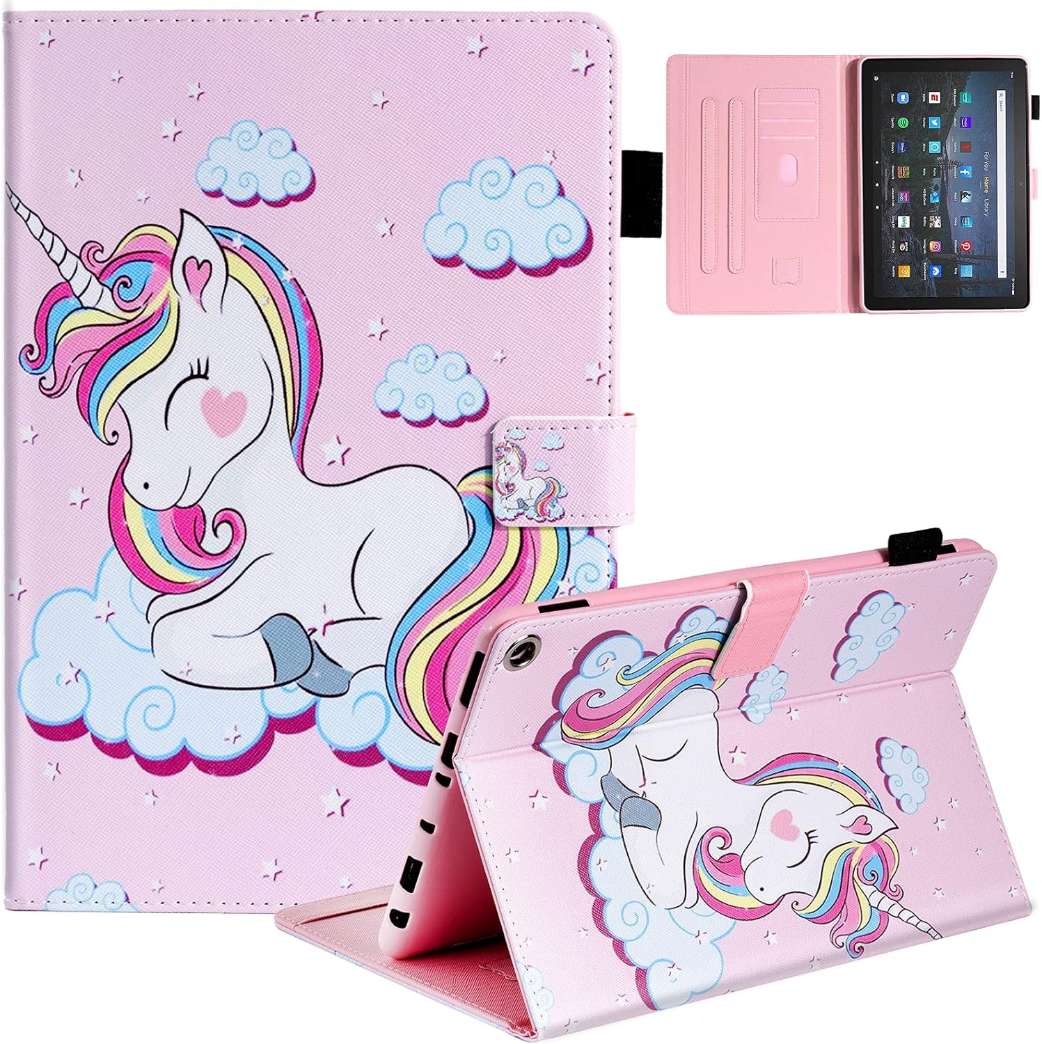 Dteck Case for All-New Fire HD 10 & HD 10 Plus Tablet (2021 Release, 11th Generation) - Slim Multi-Angle Folio Stand Premium PU Leather Protective Smart Cover with Auto Wake Sleep, Pink Unicorn