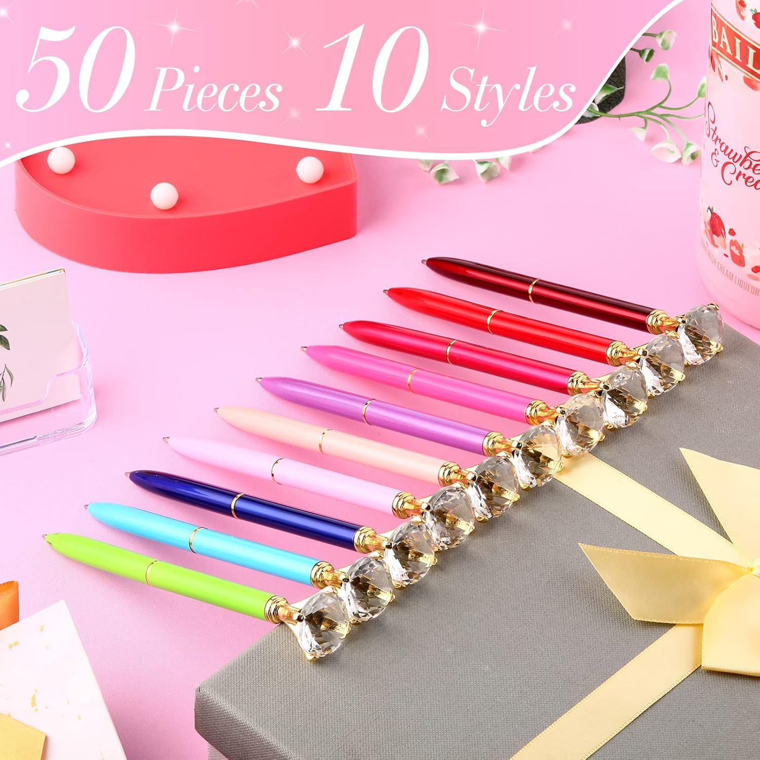 Yahenda 50 Pcs Christmas Gifts Diamond Pens Bridal Shower Ballpoint Pen Bulk Black Ink Bling Crystal Metal Bling with Diamond on Top for Women Bridesmaid Wedding Office School(Multicolor)