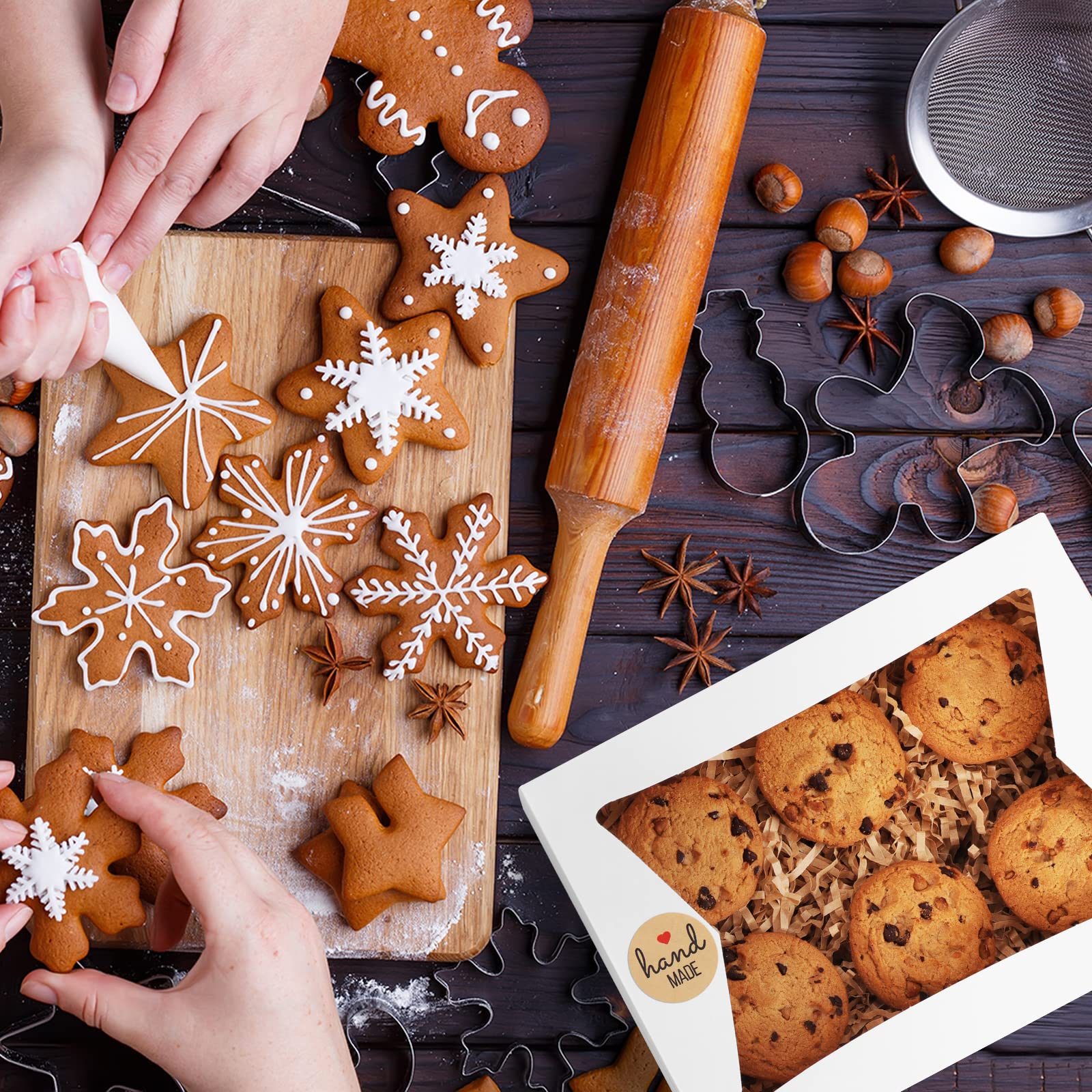 Eupako Cajas de galletas con ventana de 8 x 6 x 2.5 pulgadas, 24 cajas de golosinas blancas automáticas para panadería, donas, dulces, pasteles, cupcakes, galletas, fresas de chocolate