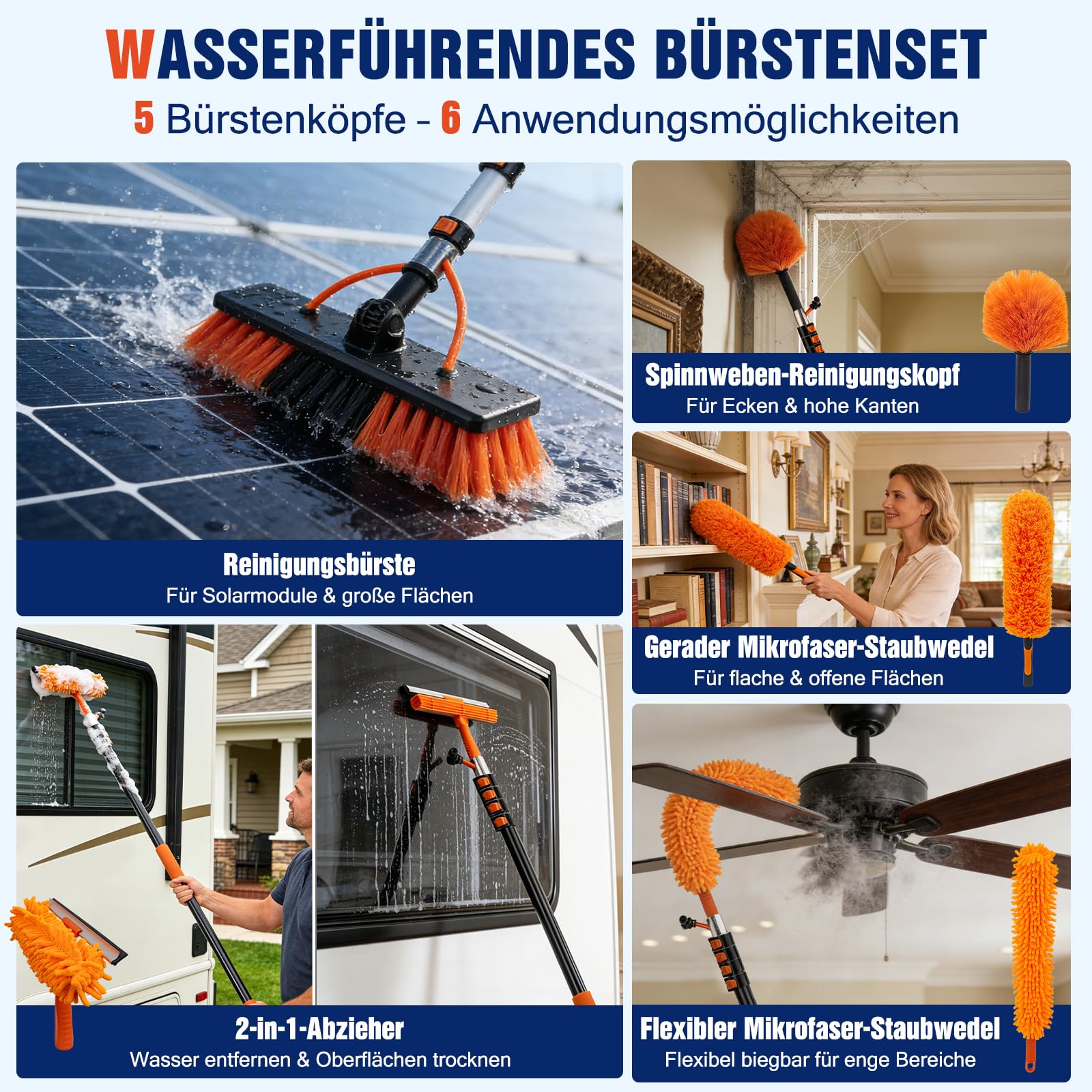 5,5 m Teleskop Waschbürste mit Wasseranschluss, Teleskopstange Reinigungsset mit 180° Bürstenkopf & Seifenspender, Waschbürste mit Teleskopstiel für PV-Anlage, Wintergarten, Terrassendach, Fenster | 5,5 m Teleskop Waschbürste mit Wasseranschluss, Teleskop