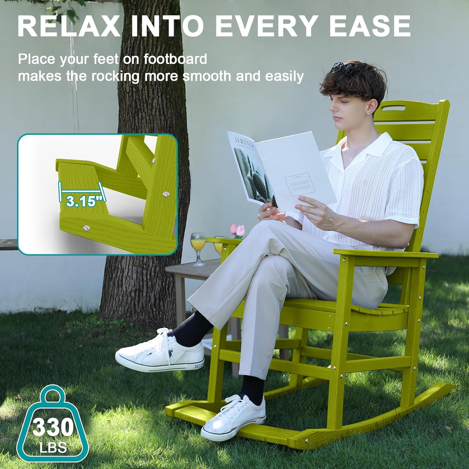 PLUUV Outdoor Rocking Chair with Removable Footboard for Adults, HDPE High Back Patio Rocking Chairs, 330lbs All Weather Porch Rocking Chairs for Outdoor & Indoor -Pistachio Green