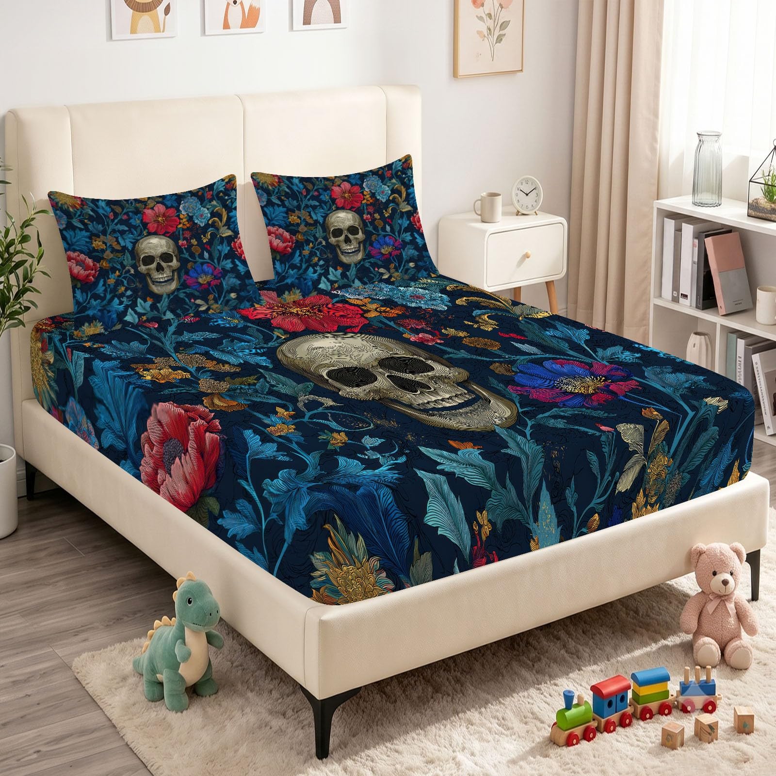 Juego de sábanas bajeras ajustables de 3 piezas, 140 x 200 cm, diseño de calavera, de microfibra, color azul gótico, suave y agradable a la piel, transpirable, hipoalergénica, para colchones de hasta