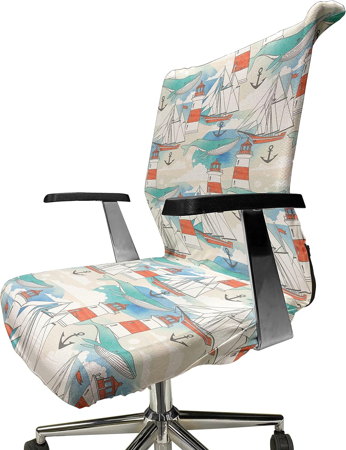 Ambesonne Lighthouse Office Chair Cover, Abstract Whale Anchor and Boats Pattern Sky Inspired Background Nautical Design, Stretchable Decorative Universal Size High Back Printed Slipcover, Seafoam