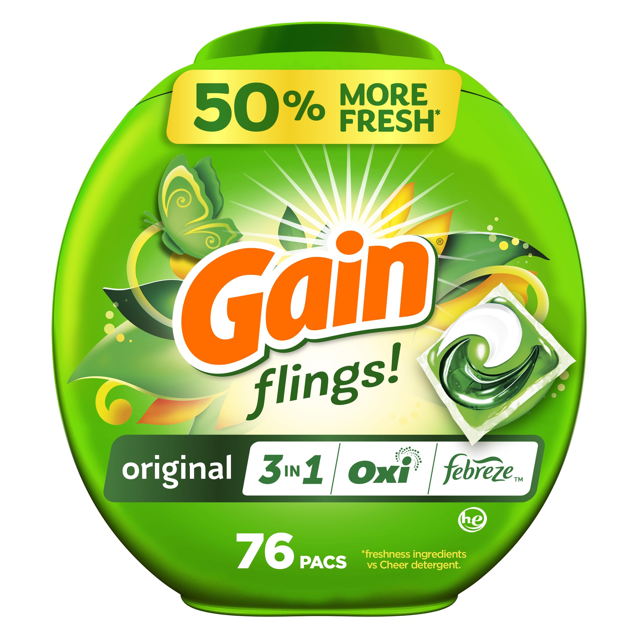 Gain flings Laundry Detergent Soap Pacs HE Compatible Long Lasting Scent, Original Scent, 76 Ct, Gain Laundry DetergentGreenCircle Certified: Certified Energy Savings