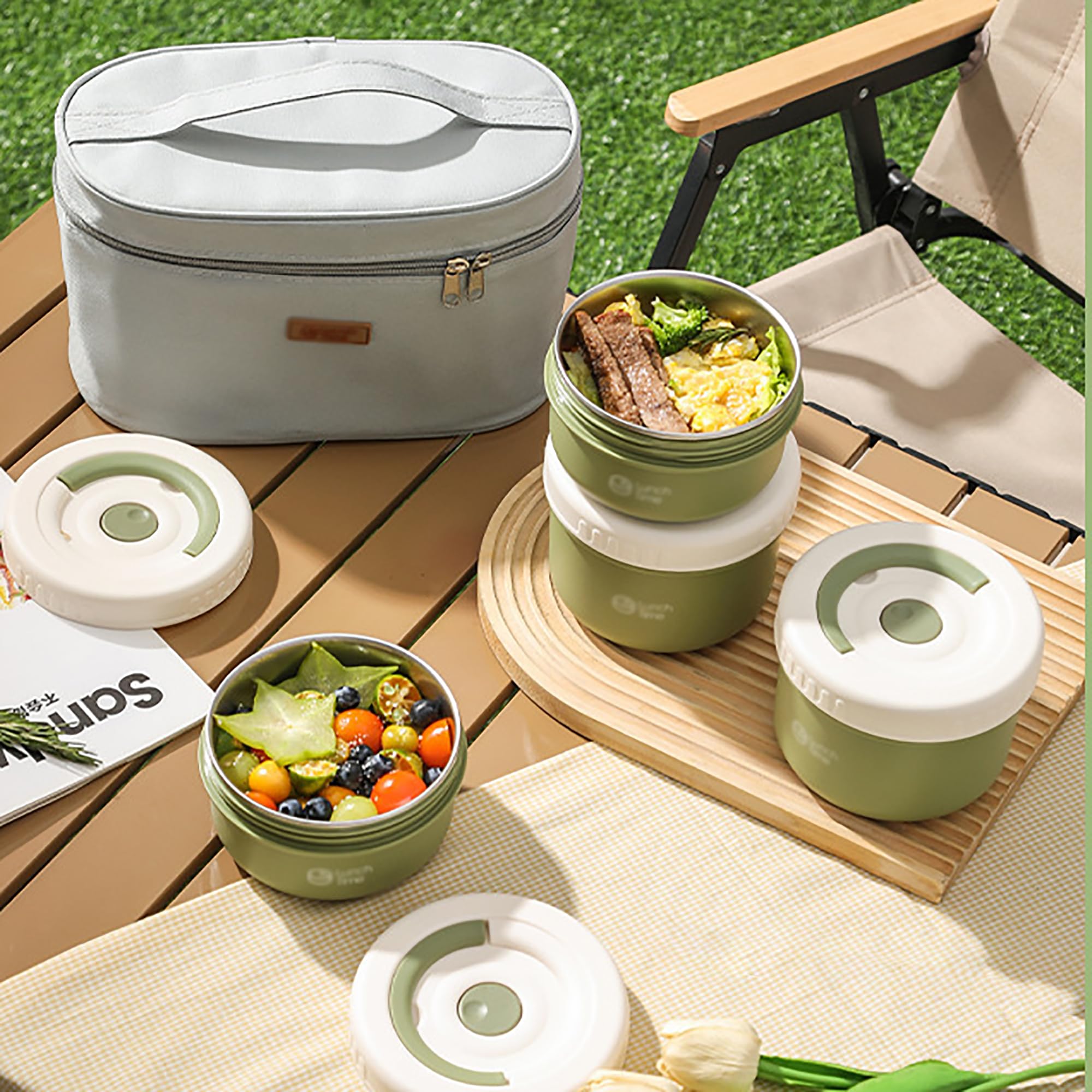 Contenitore Termico per Alimenti Caldi,Lunch Box in Acciaio Inossidabile 304,Alimenti Caldi Contenitori per il Pranzo,Rotonda con Maniglia,Borsa,per Cibi Caldi e Freddi, beige-4pcs
